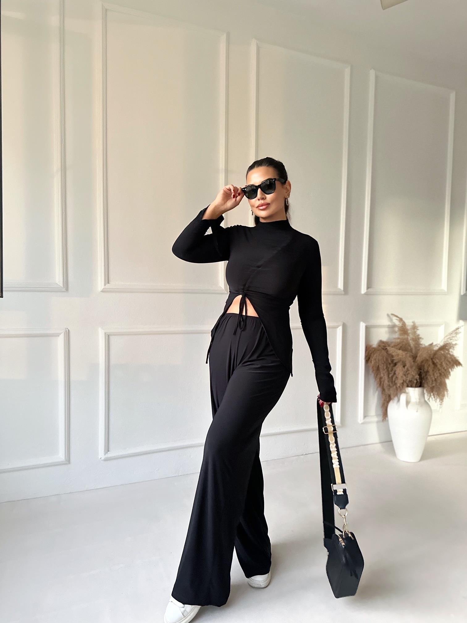 Lüks Kalite Siyah Büzgülü Bluz Bol Paça Pantolon Takım