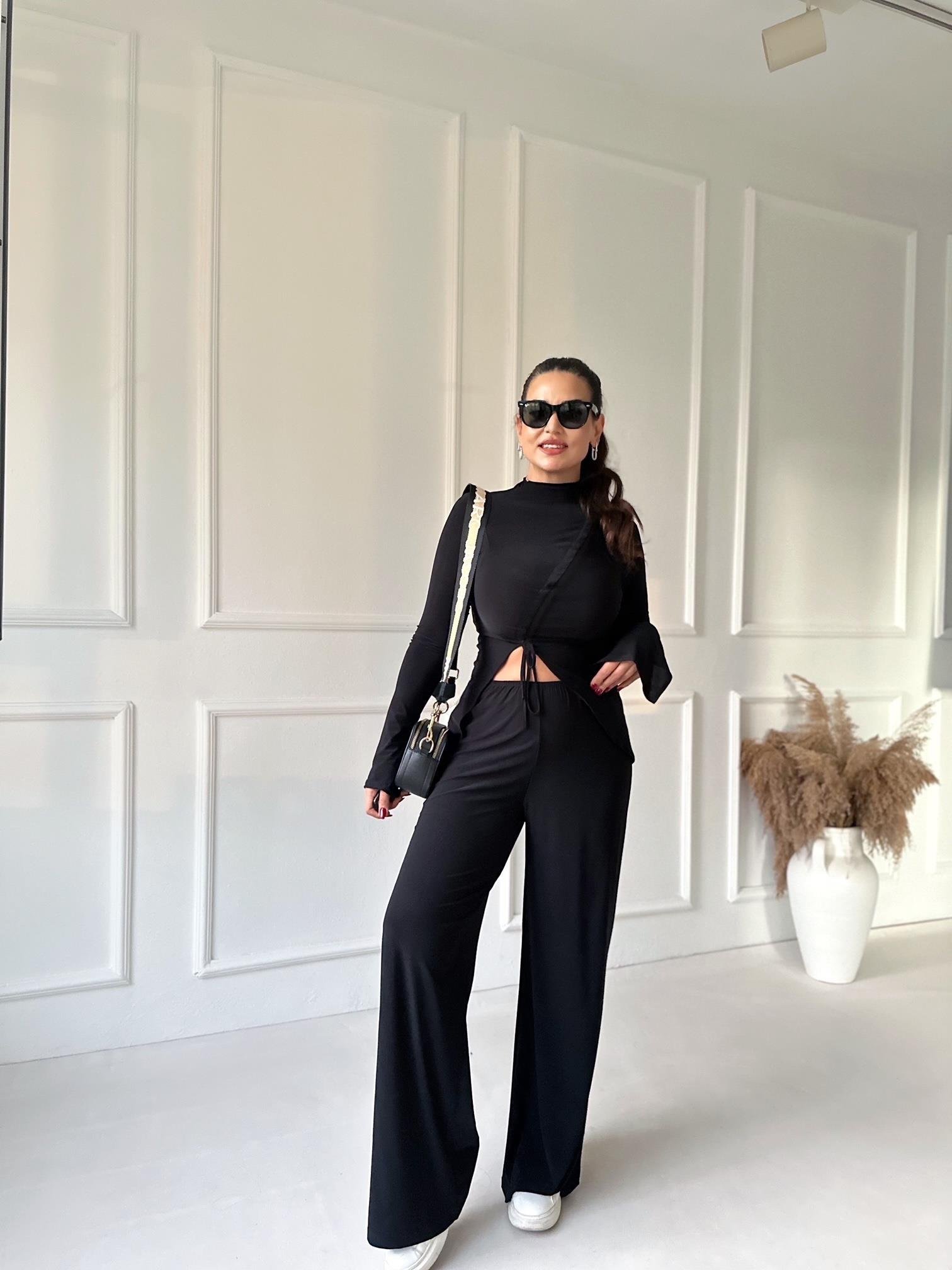 Lüks Kalite Siyah Büzgülü Bluz Bol Paça Pantolon Takım