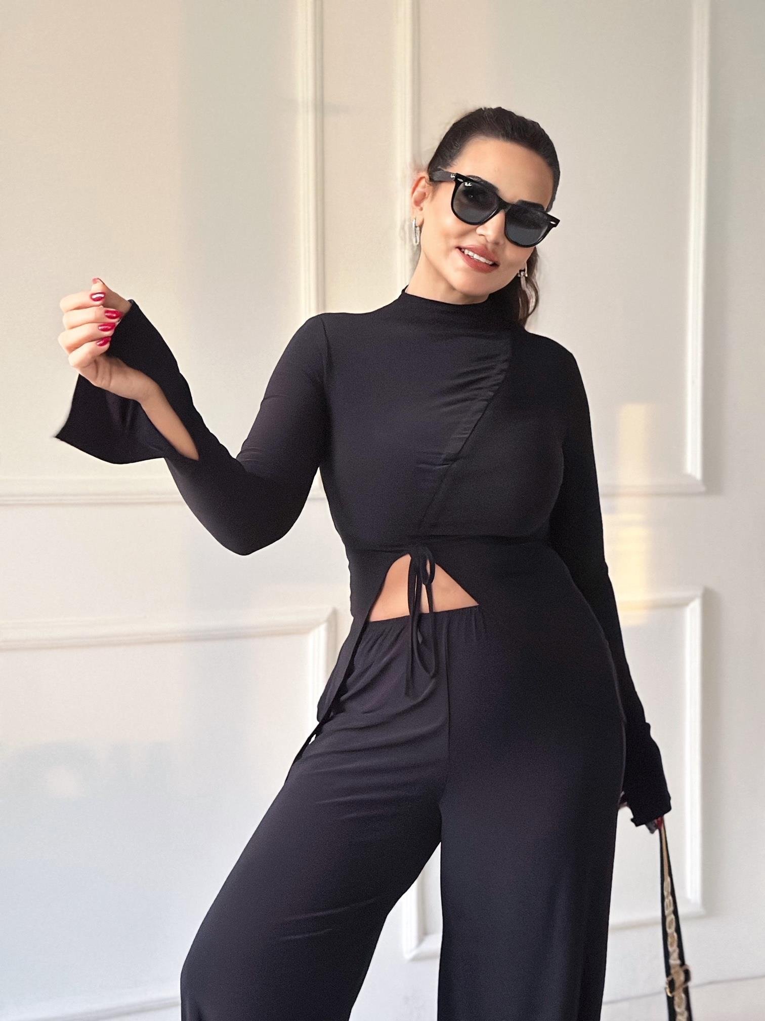 Lüks Kalite Siyah Büzgülü Bluz Bol Paça Pantolon Takım