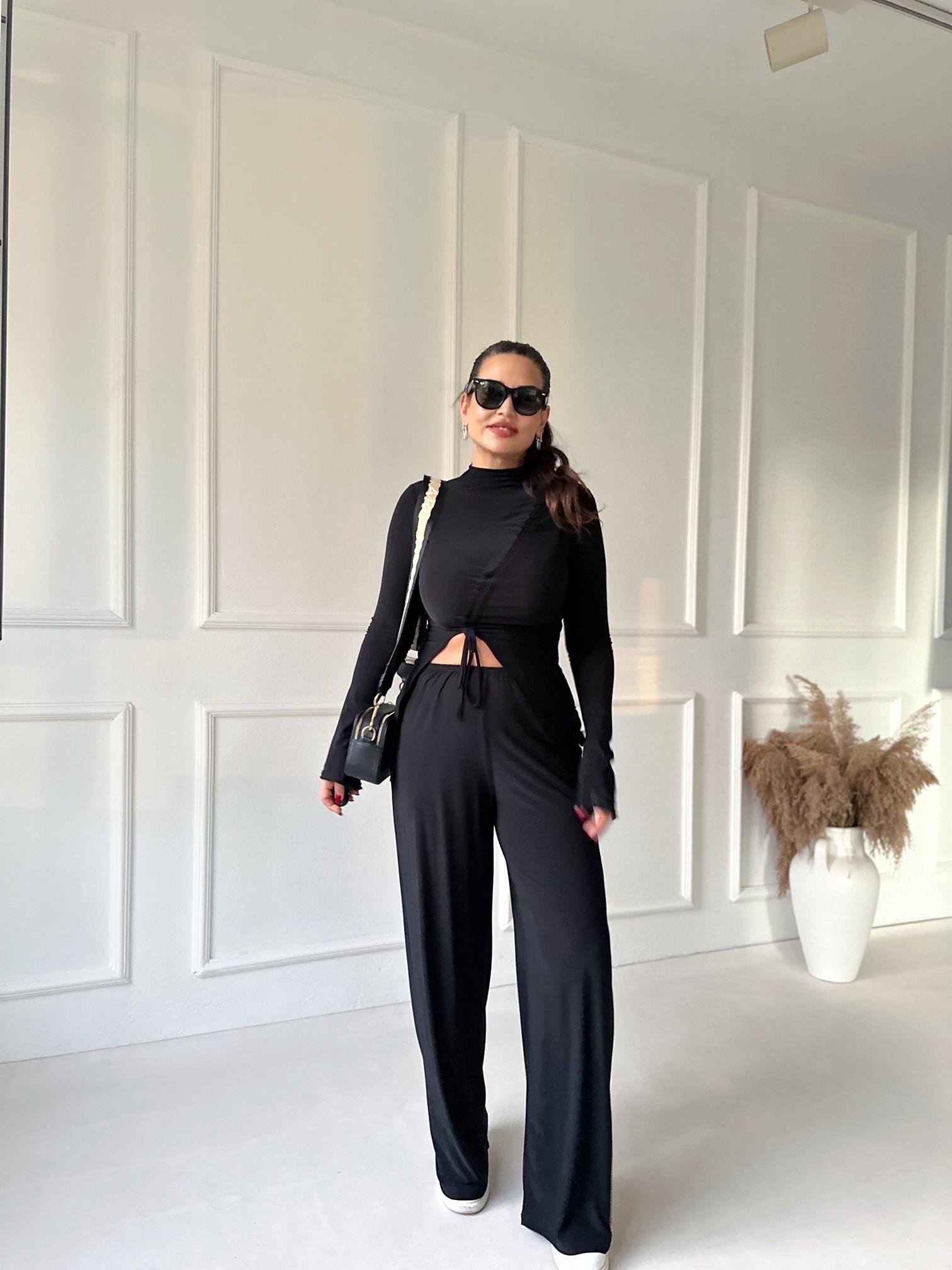 Lüks Kalite Siyah Büzgülü Bluz Bol Paça Pantolon Takım