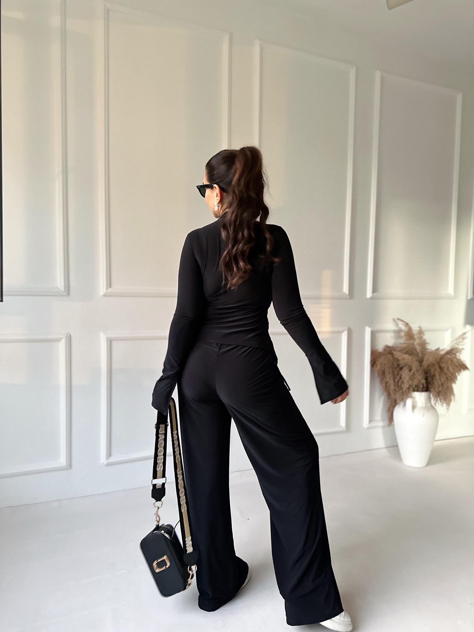 Lüks Kalite Siyah Büzgülü Bluz Bol Paça Pantolon Takım