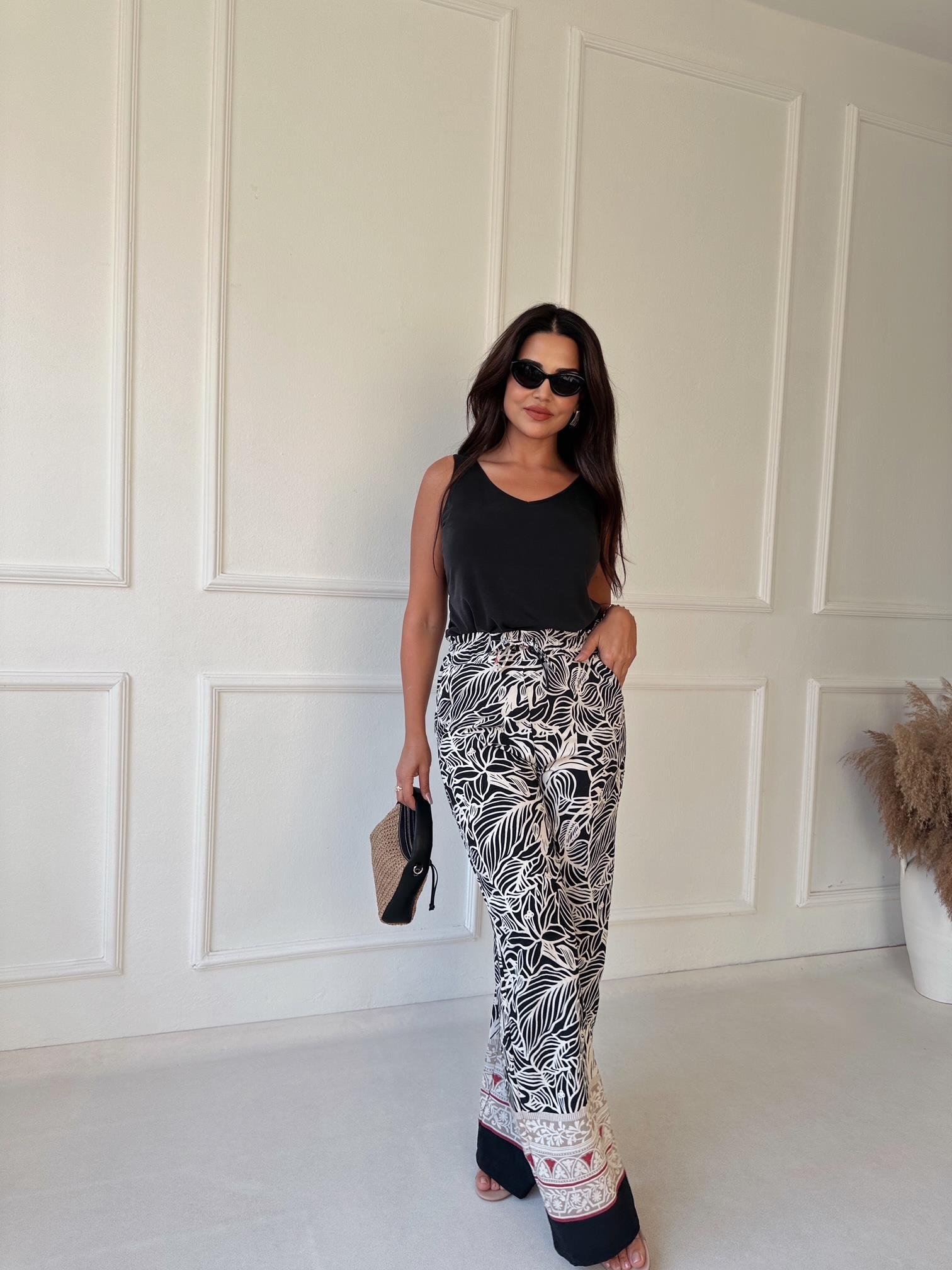 Lüks Kalite Siyah Desenli Bol Paşa Viskon Pantolon