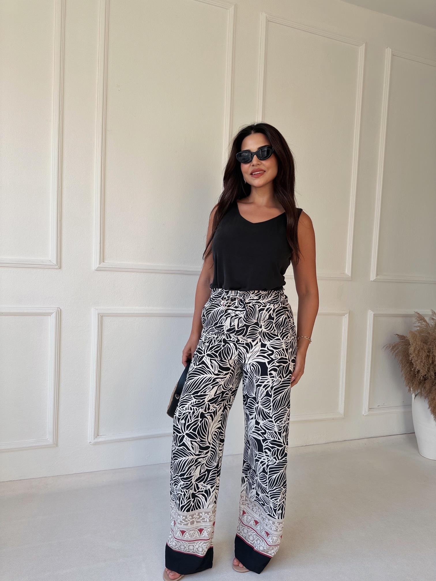 Lüks Kalite Siyah Desenli Bol Paşa Viskon Pantolon