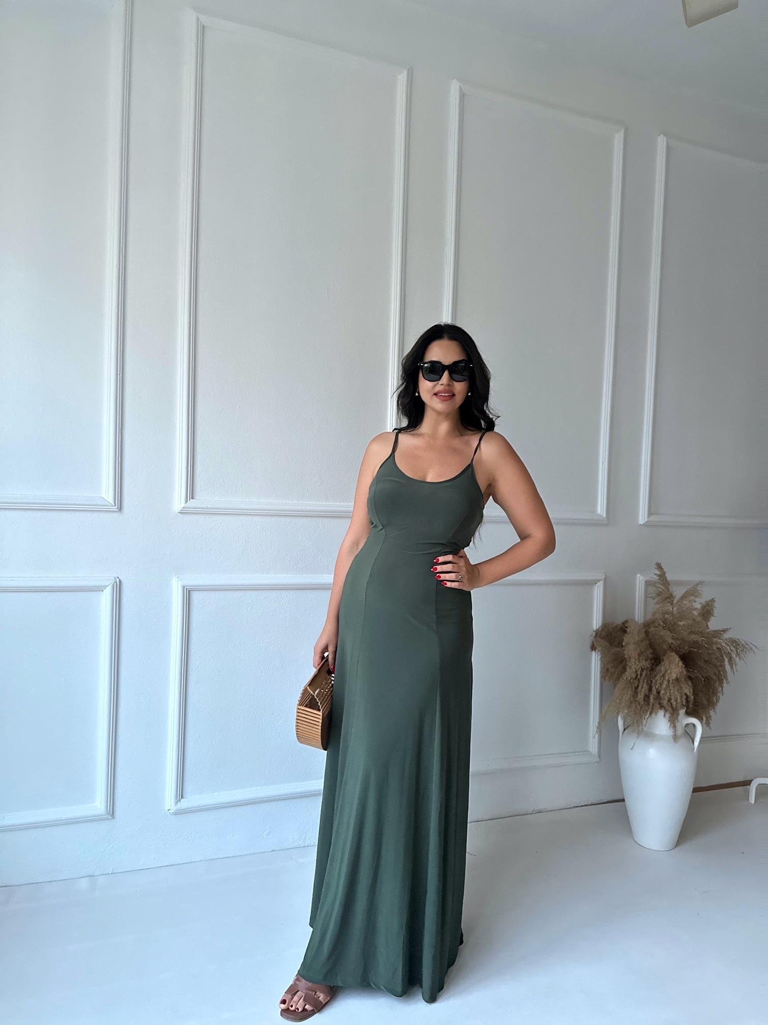 Lüks Kalite Siyah İp Askılı Basic Elbise Haki