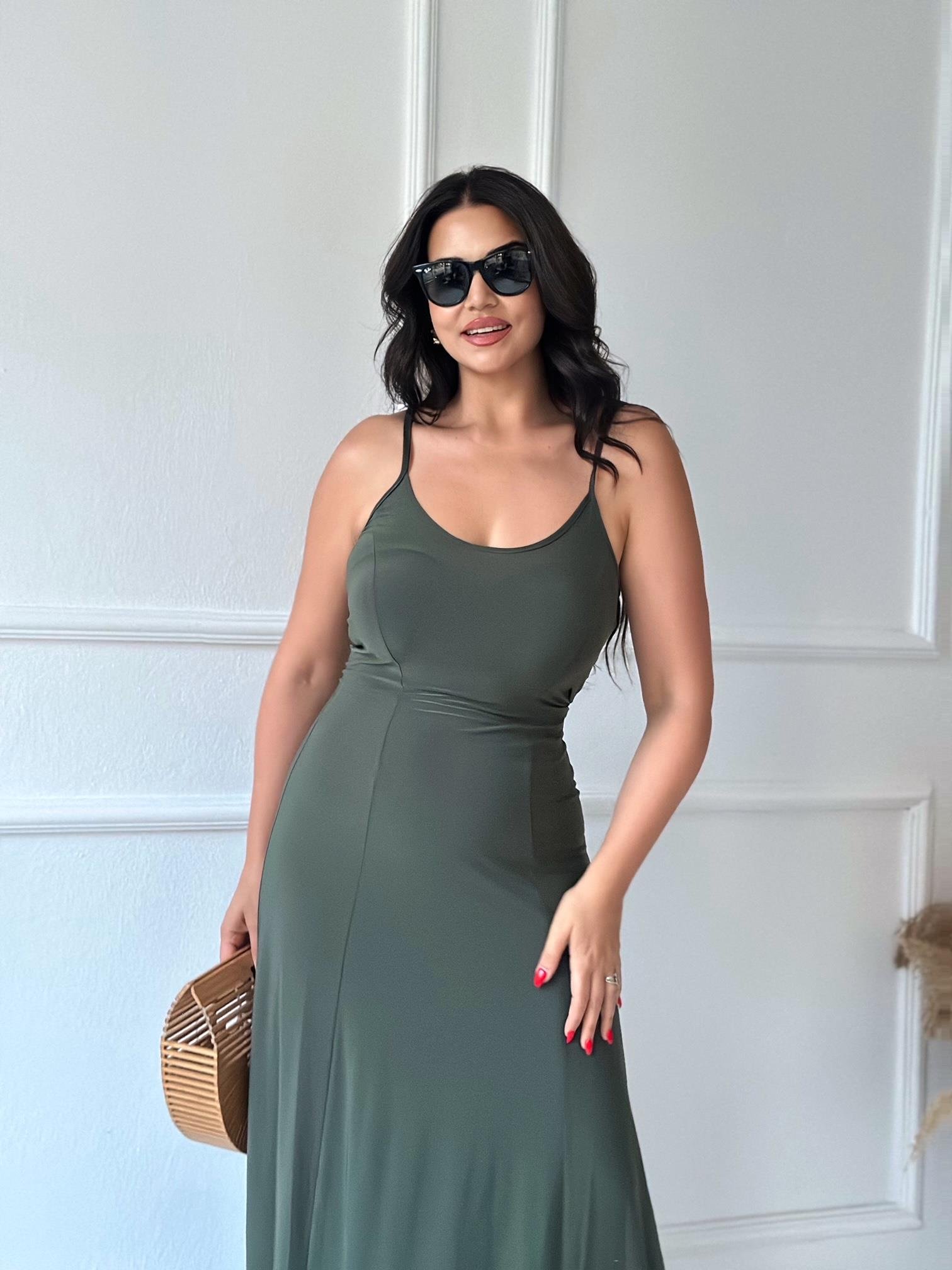 Lüks Kalite Siyah İp Askılı Basic Elbise Haki