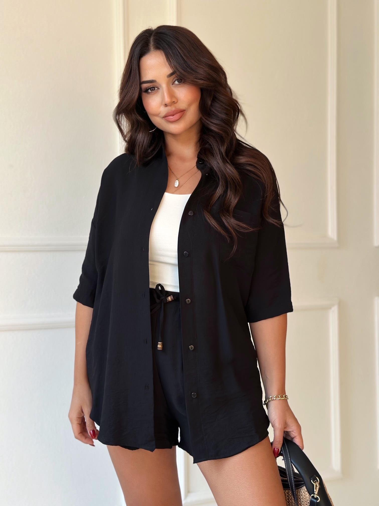 Lüks Kalite Siyah Keten Gömlek Şort Takım