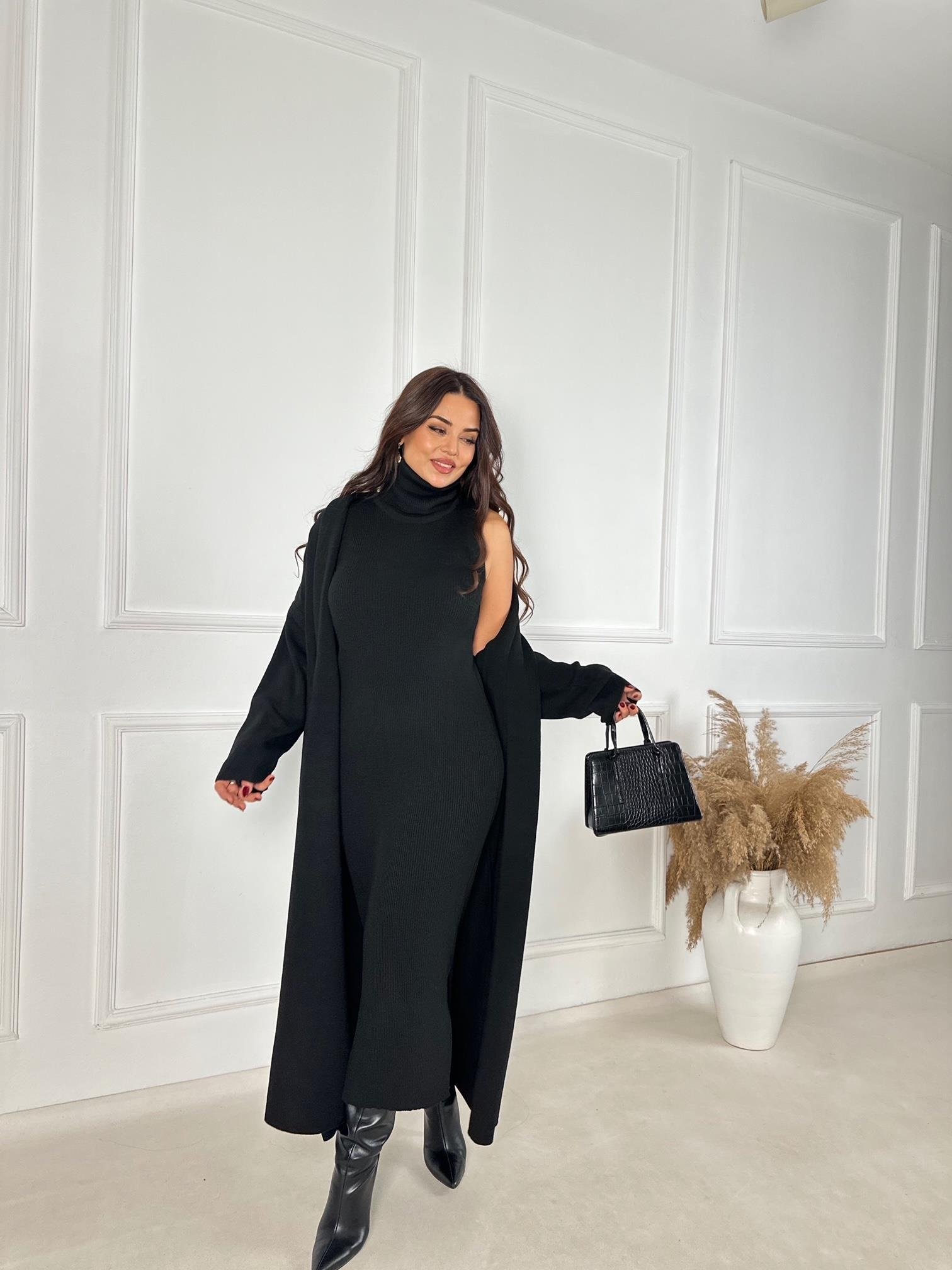 Lüks Kalite Sİyah Kolsuz Triko Elbise ve Hırka Takım