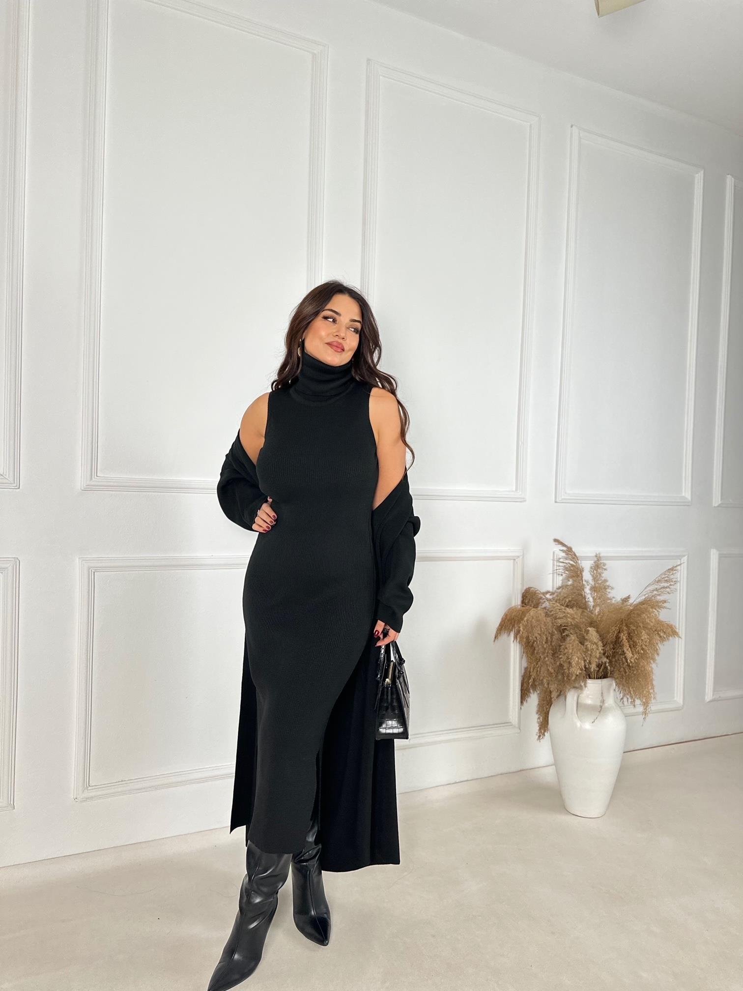 Lüks Kalite Sİyah Kolsuz Triko Elbise ve Hırka Takım