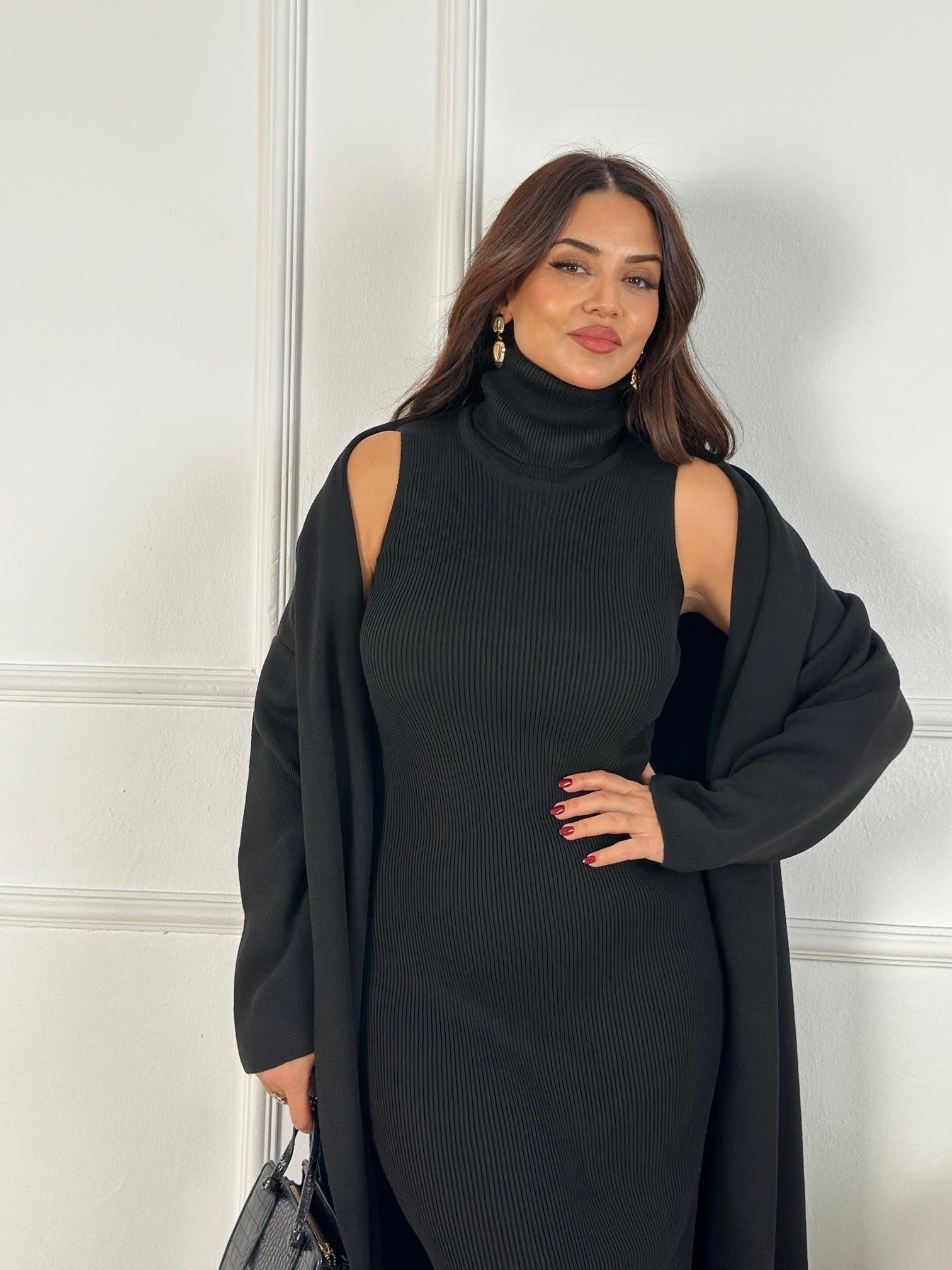 Lüks Kalite Sİyah Kolsuz Triko Elbise ve Hırka Takım