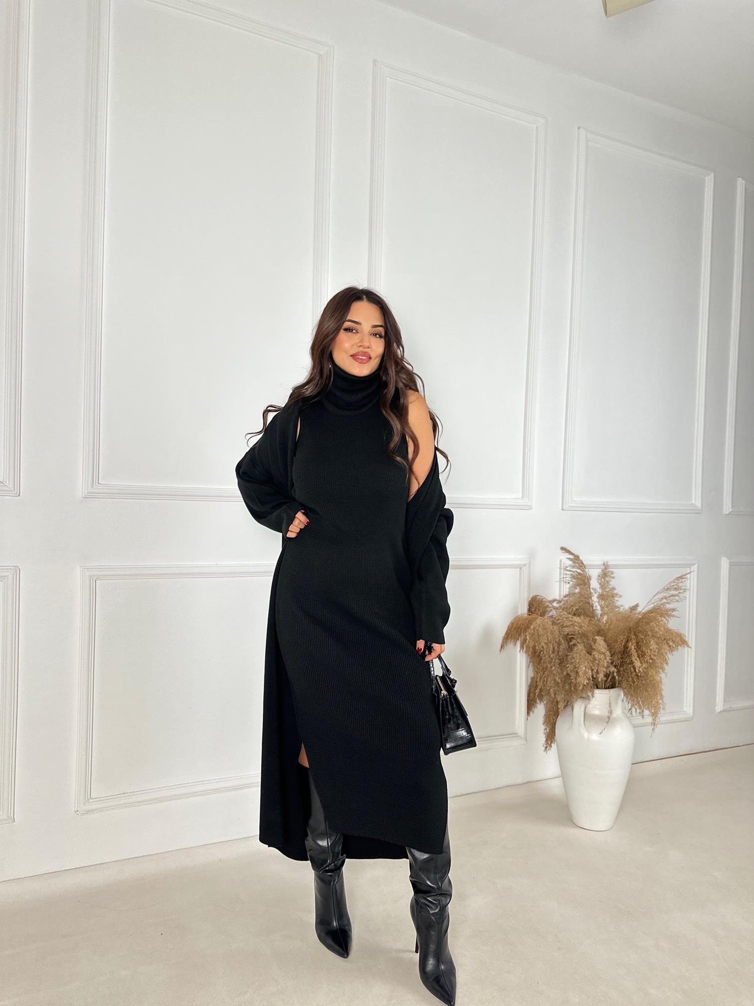 Lüks Kalite Sİyah Kolsuz Triko Elbise ve Hırka Takım