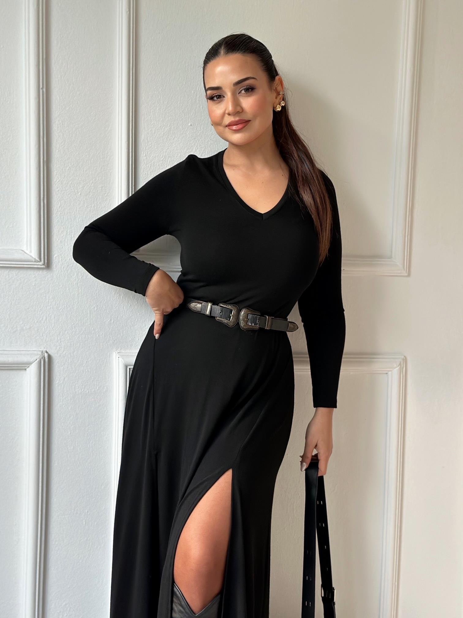 Lüks Kalite Siyah V Yaka Çift Yırtmaçlı Maksi Elbise