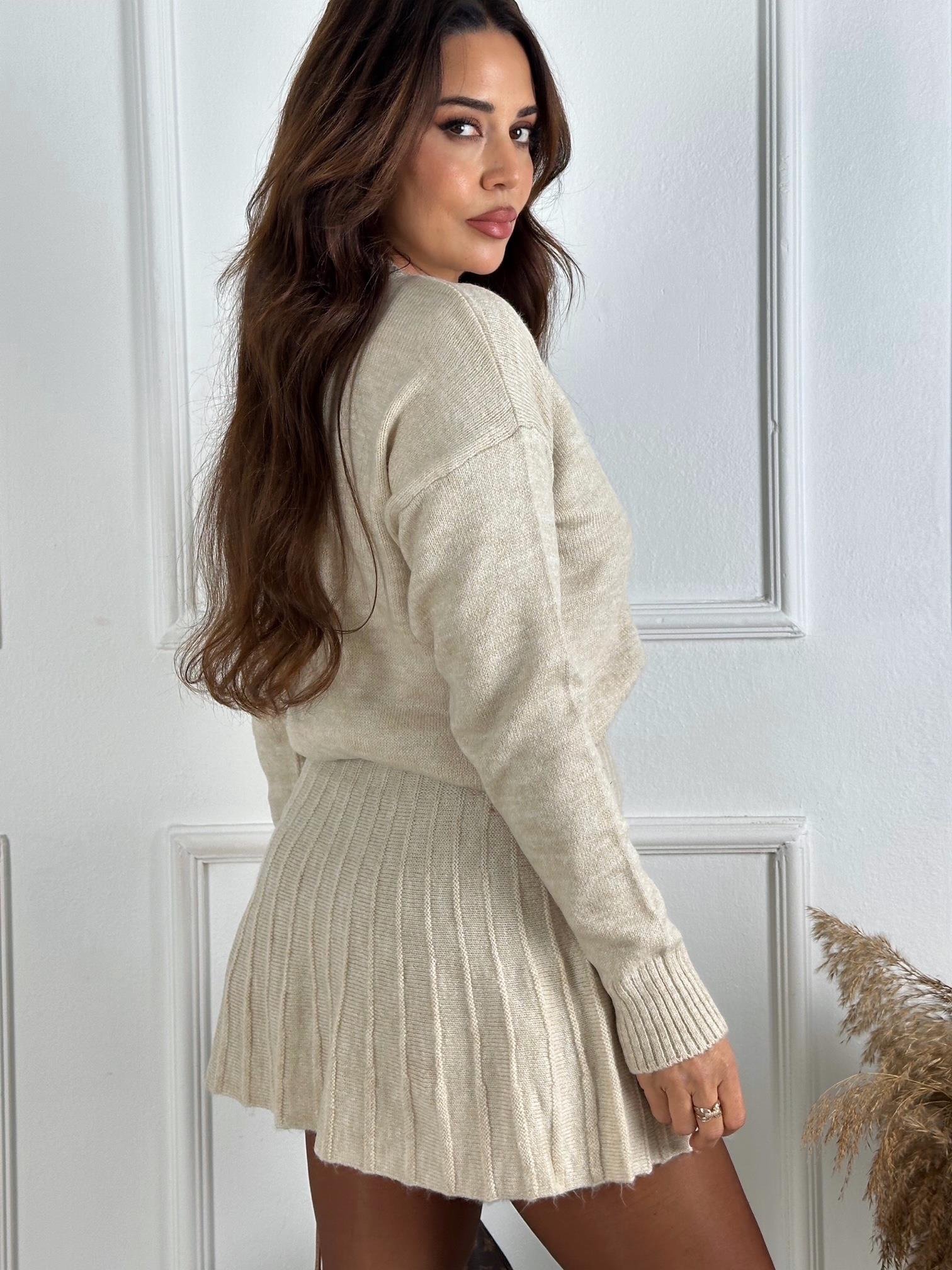 Lüks Kalite Taş Kazak Pileli Etek Triko Takım | Nora Butik