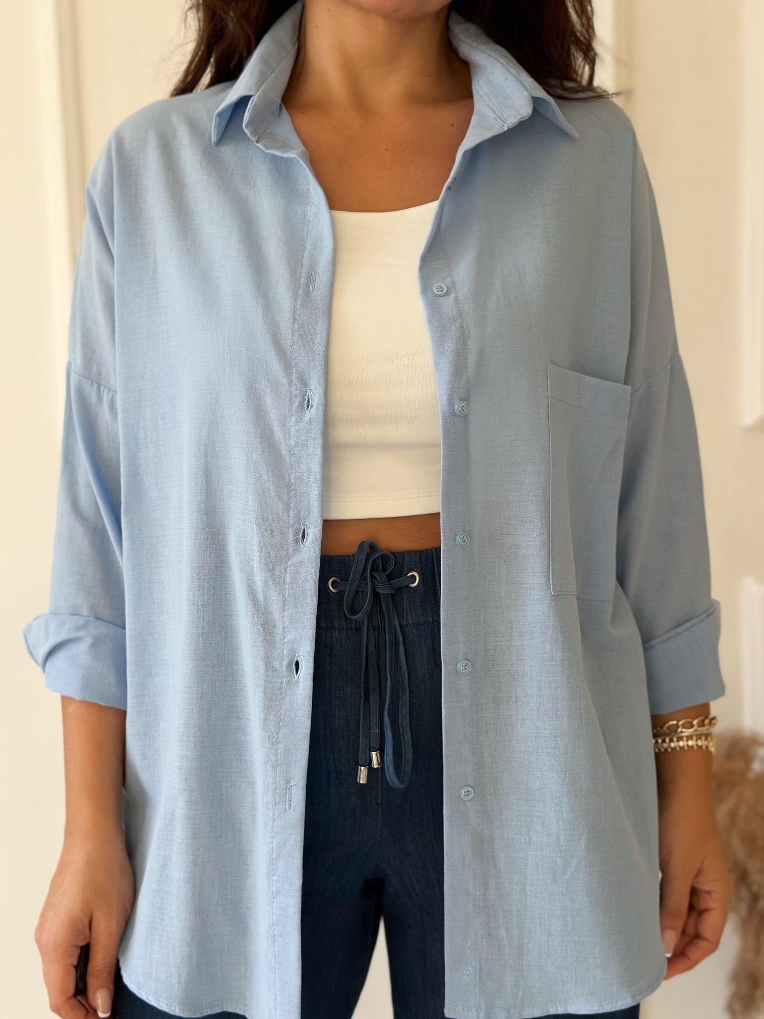 Lüks Kalite Tek Cepli Bebe Mavi Keten Gömlek | Nora Butik