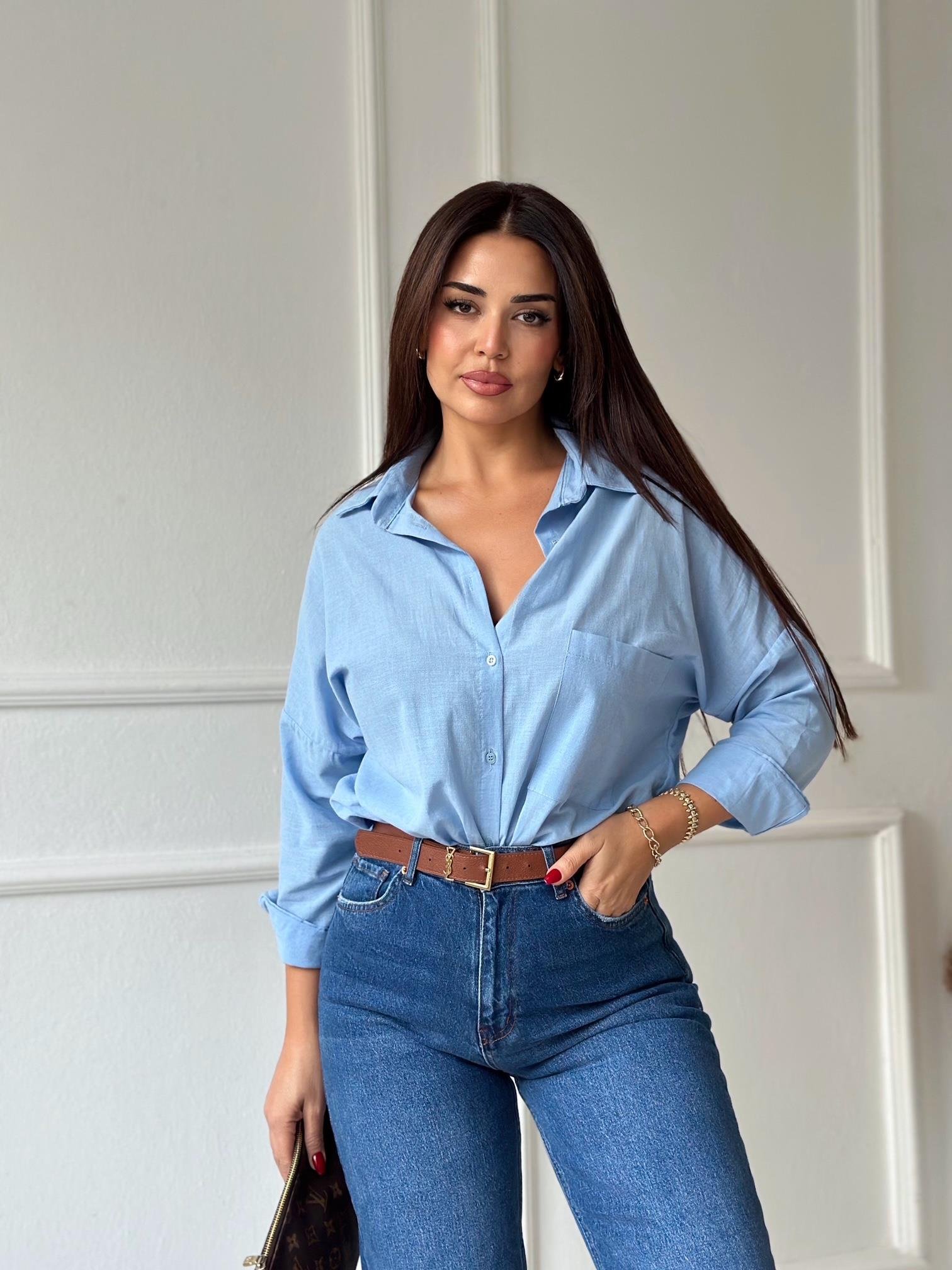 Lüks Kalite Tek Cepli Bebe Mavi Keten Gömlek | Nora Butik