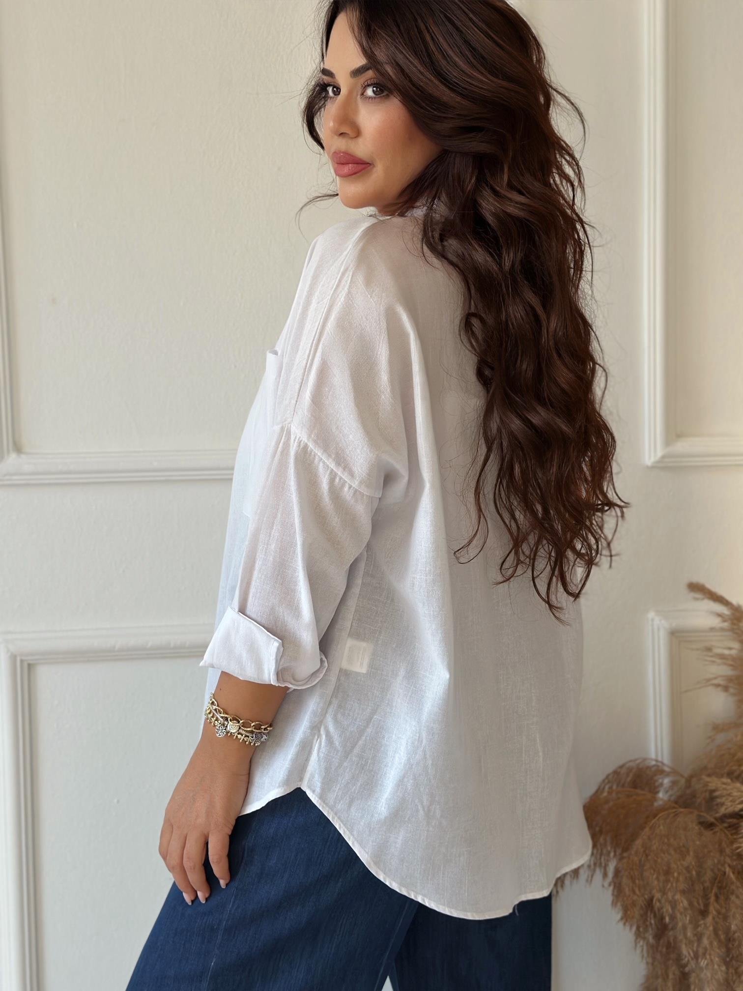 Lüks Kalite Tek Cepli Beyaz Keten Gömlek | Nora Butik