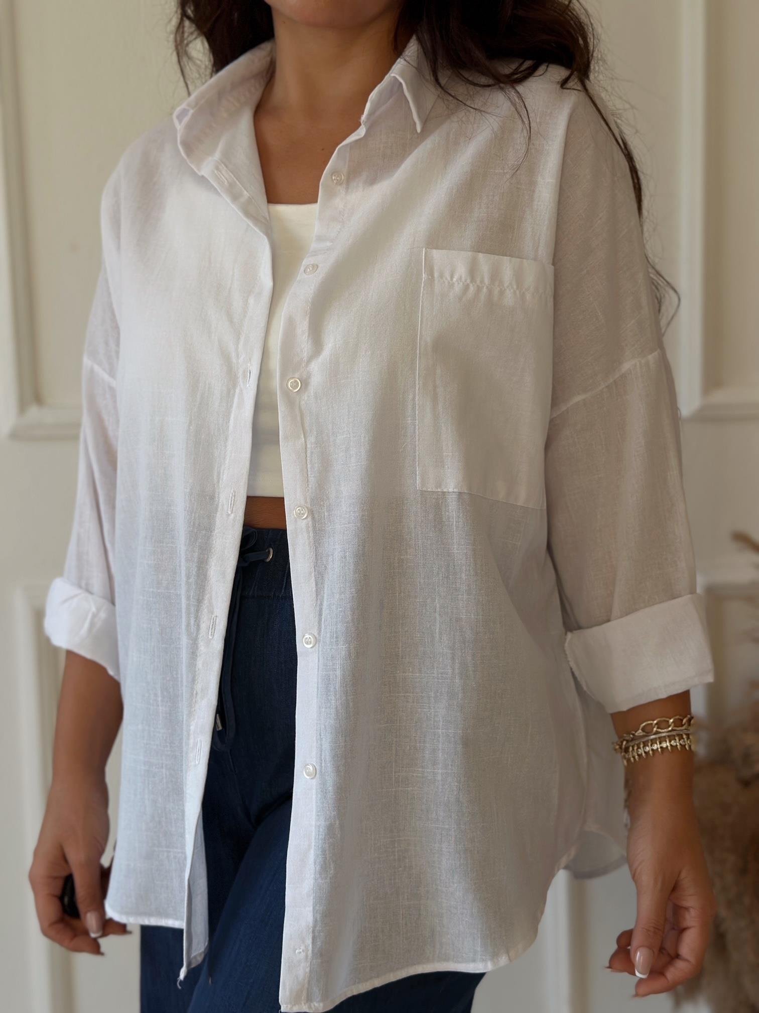 Lüks Kalite Tek Cepli Beyaz Keten Gömlek | Nora Butik