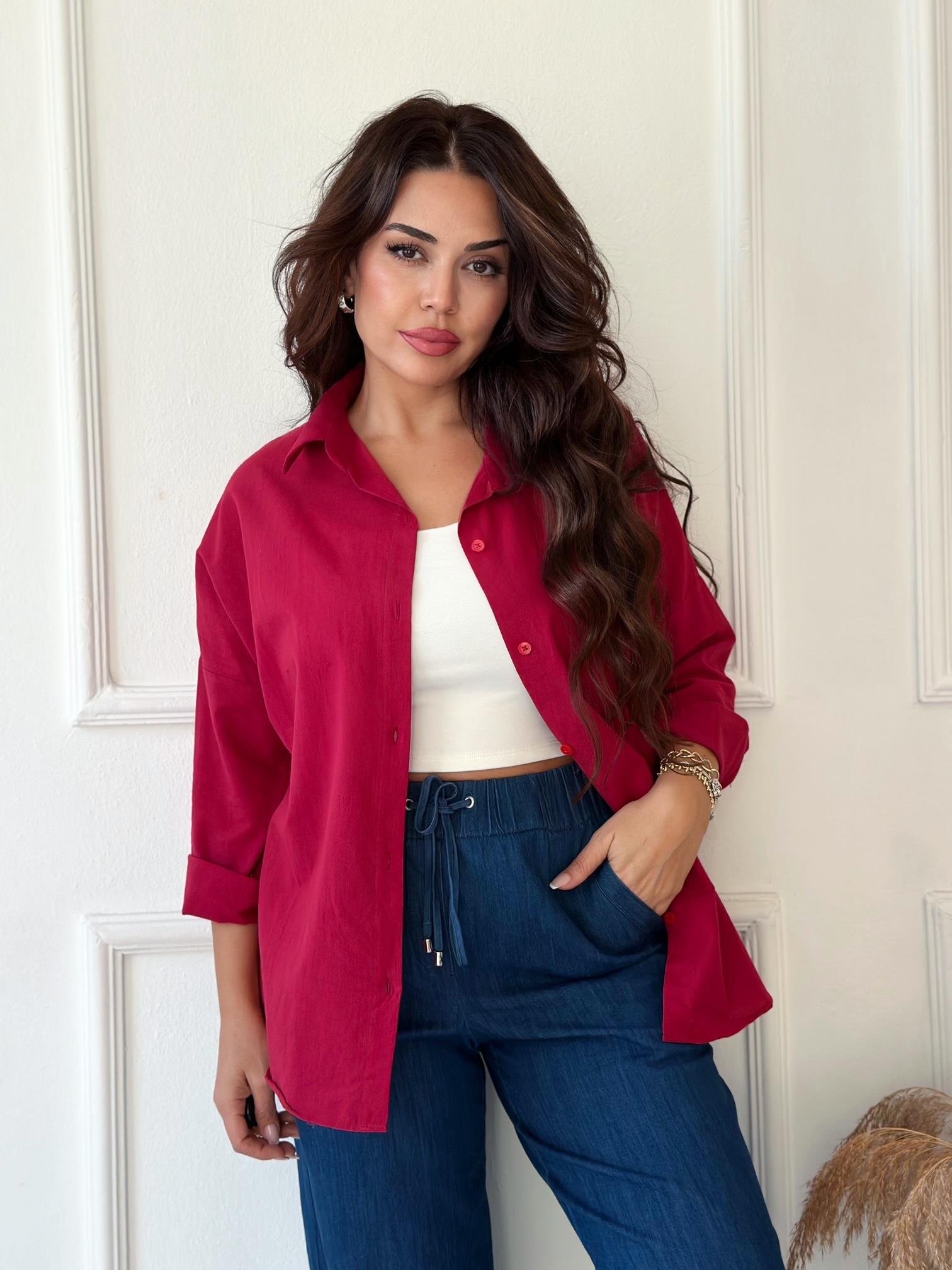 Lüks Kalite Tek Cepli Bordo Keten Gömlek | Nora Butik