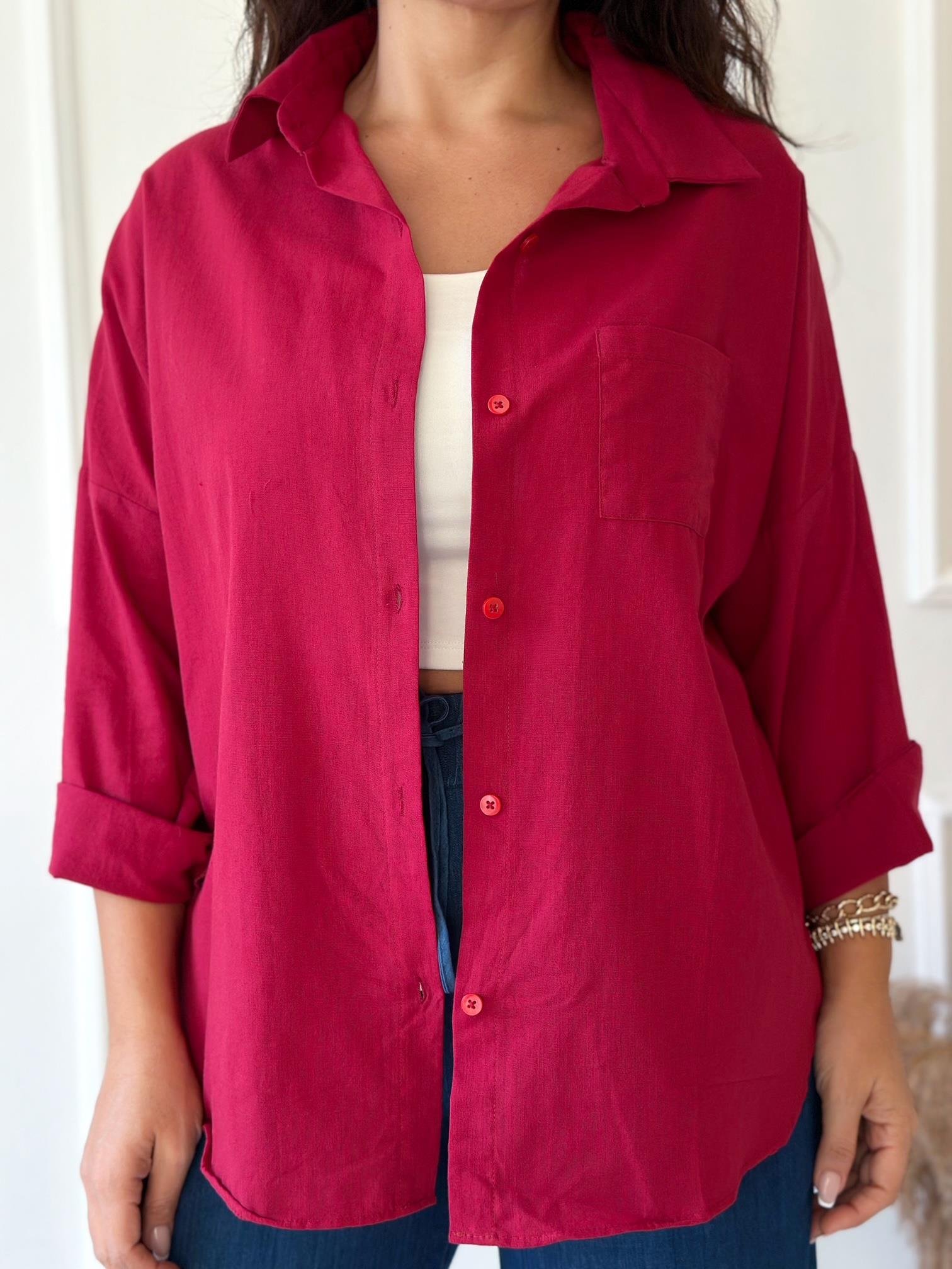 Lüks Kalite Tek Cepli Bordo Keten Gömlek | Nora Butik