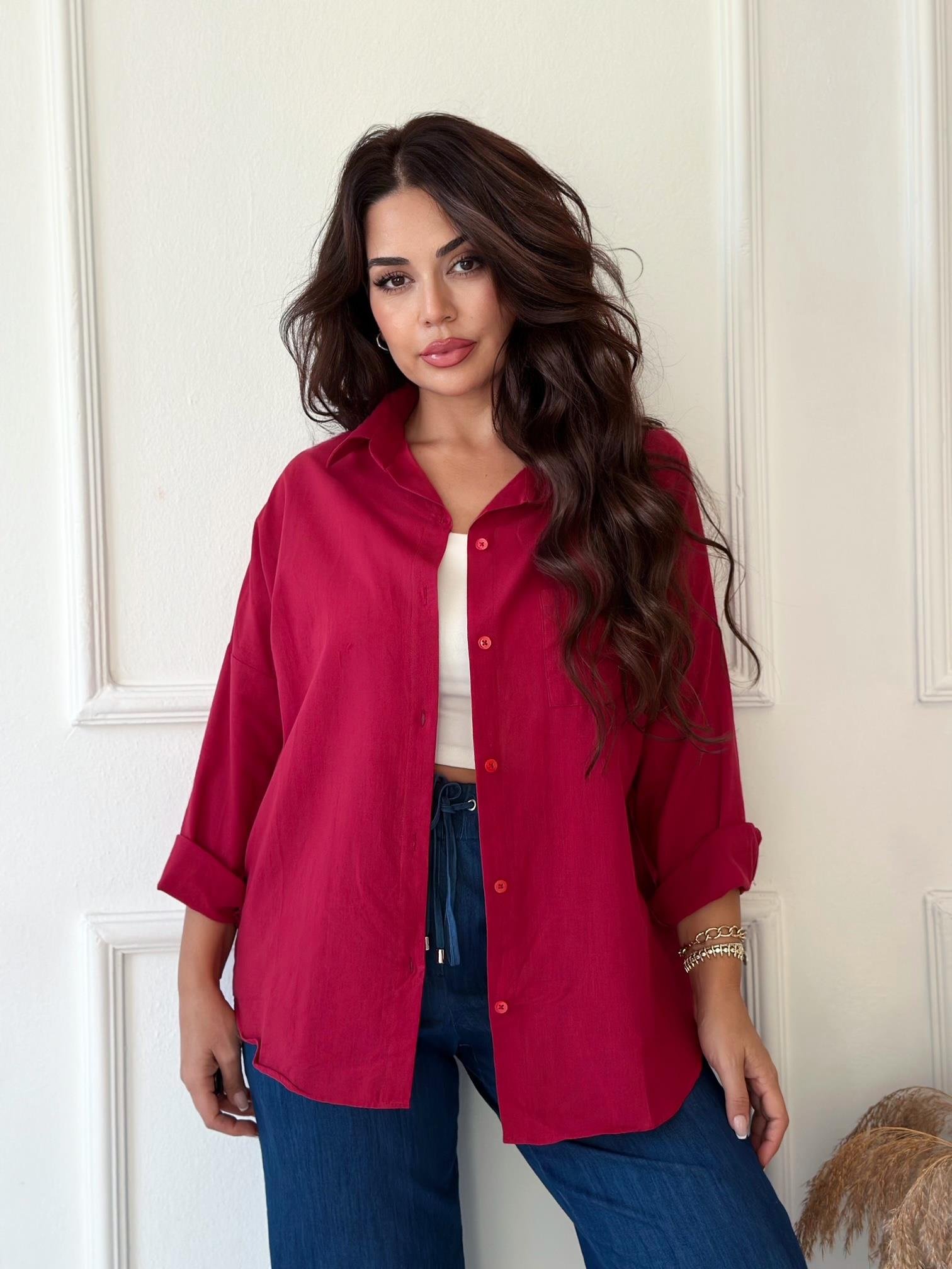 Lüks Kalite Tek Cepli Bordo Keten Gömlek | Nora Butik