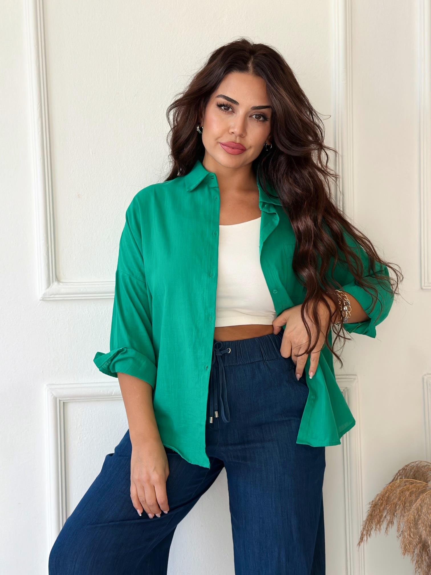 Lüks Kalite Tek Cepli Canlı Yeşil Keten Gömlek | Nora Butik