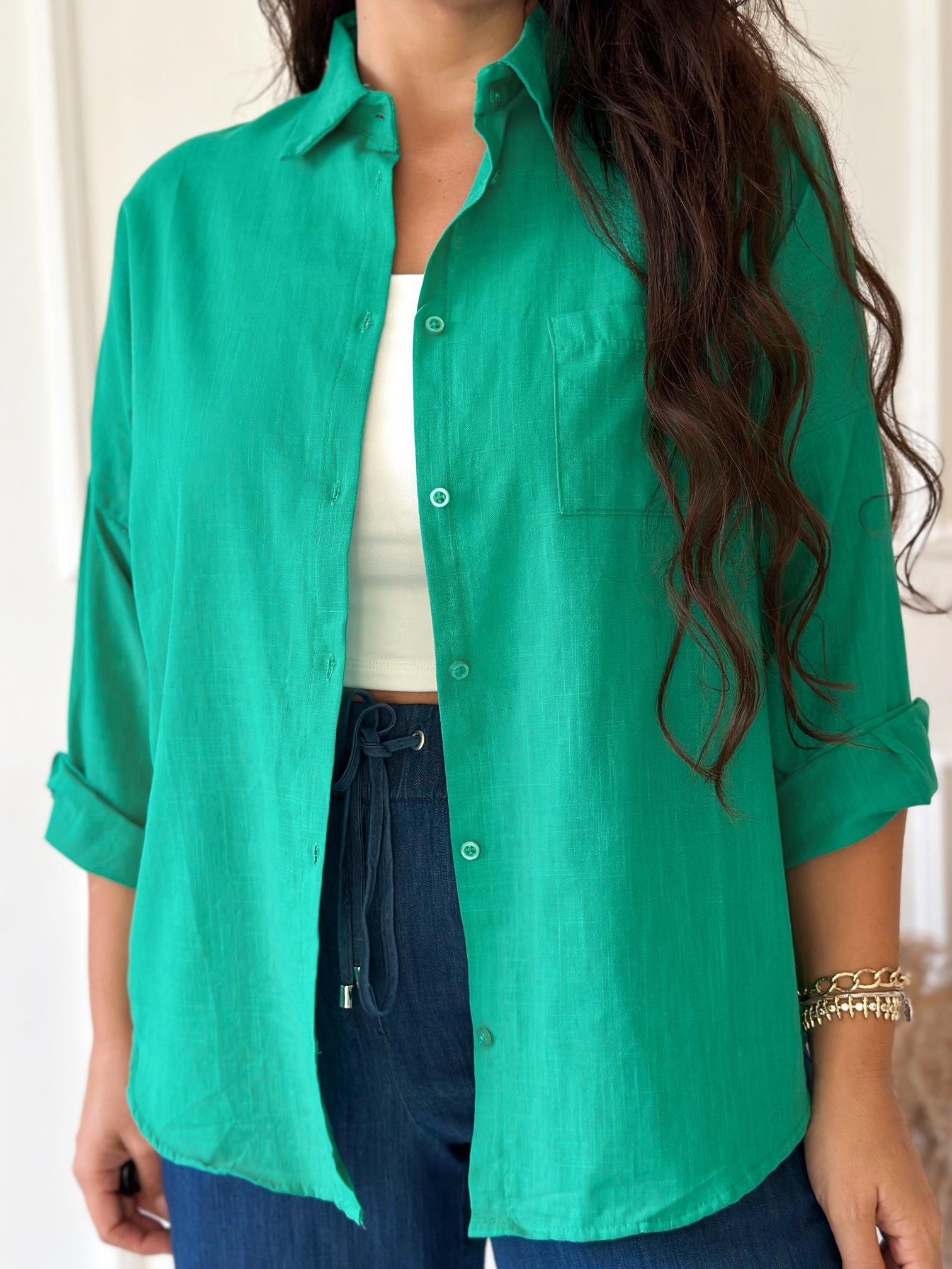 Lüks Kalite Tek Cepli Canlı Yeşil Keten Gömlek | Nora Butik