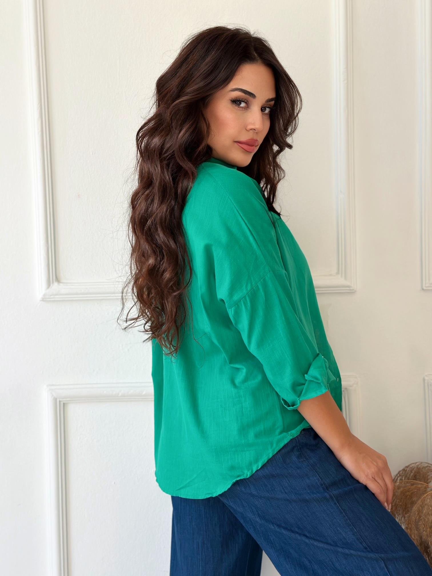 Lüks Kalite Tek Cepli Canlı Yeşil Keten Gömlek | Nora Butik