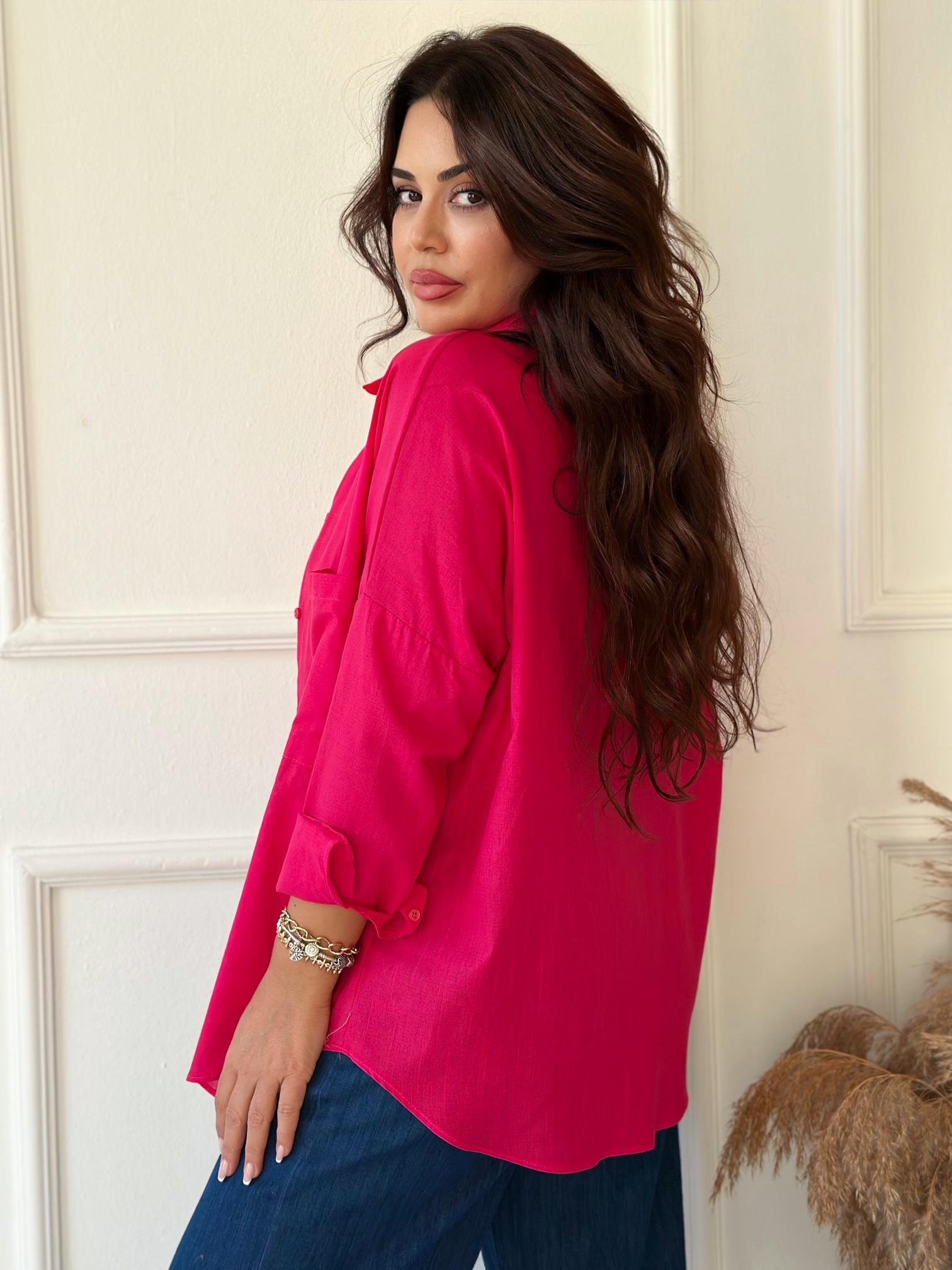 Lüks Kalite Tek Cepli Fuşya Keten Gömlek | Nora Butik