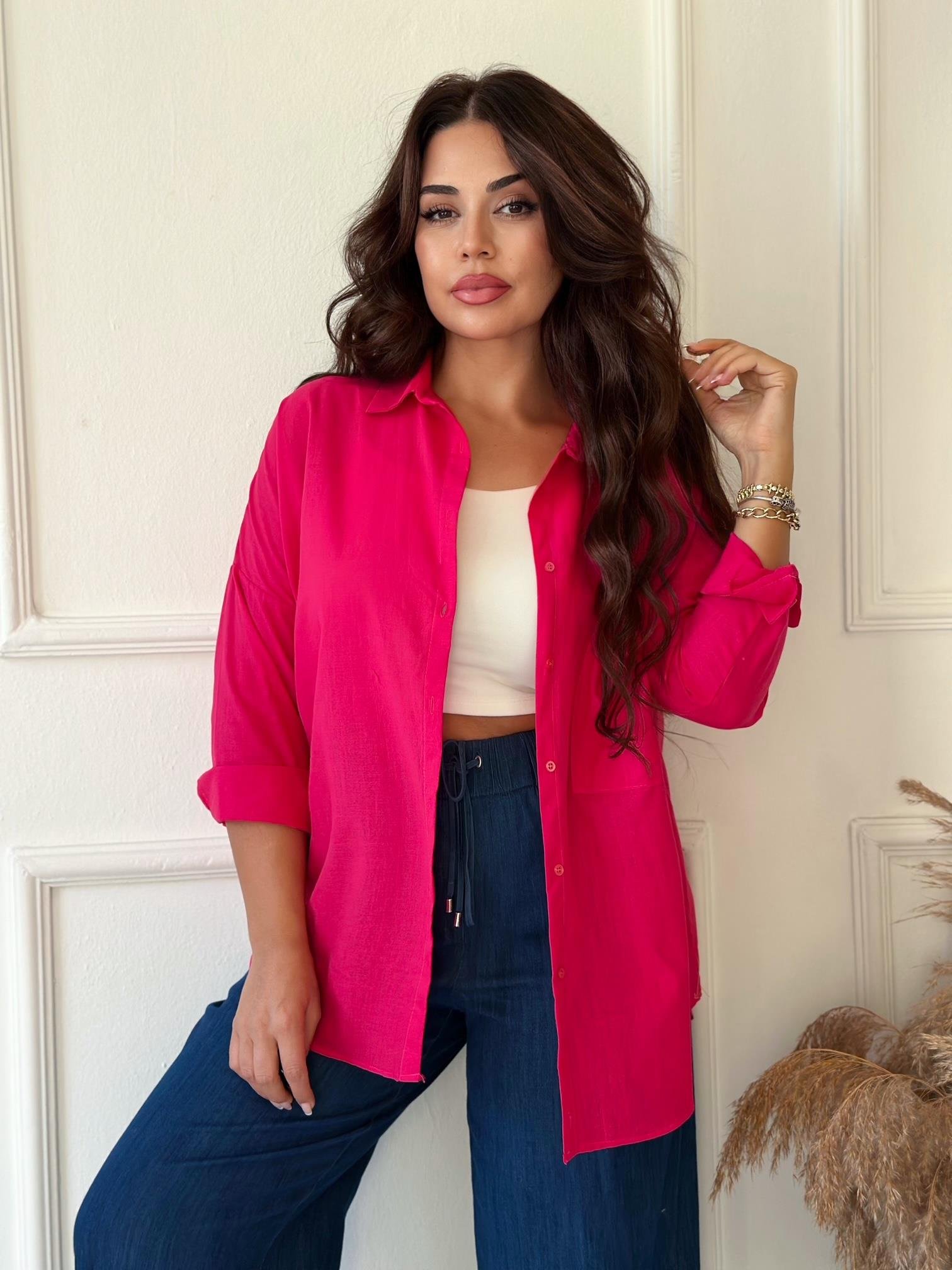 Lüks Kalite Tek Cepli Fuşya Keten Gömlek | Nora Butik