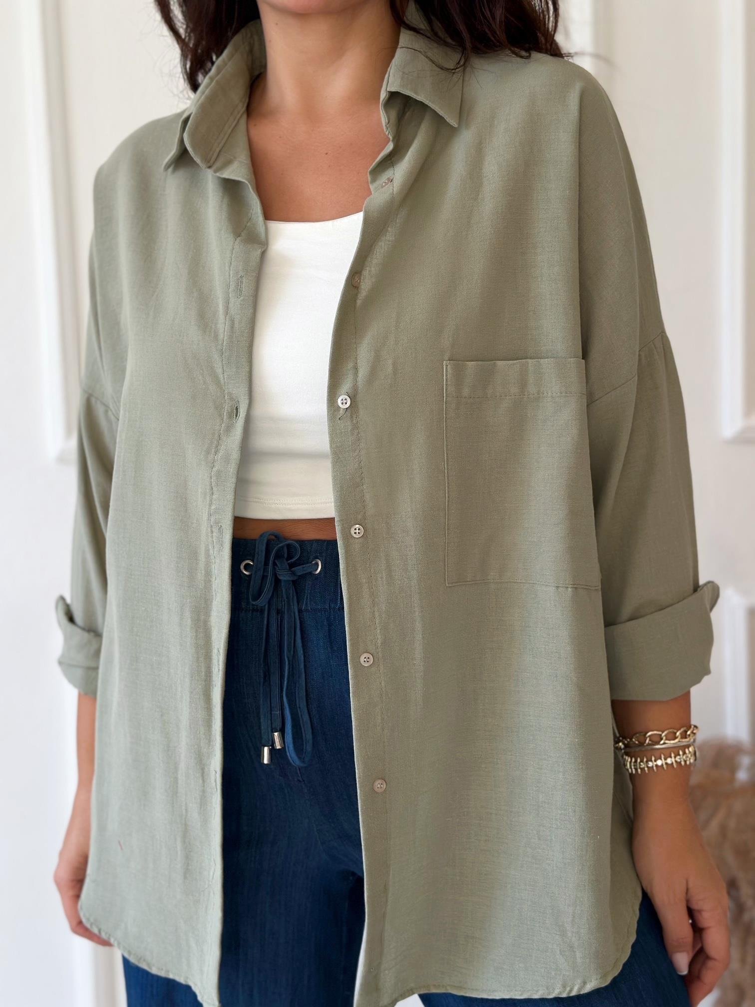 Lüks Kalite Tek Cepli Haki Keten Gömlek | Nora Butik