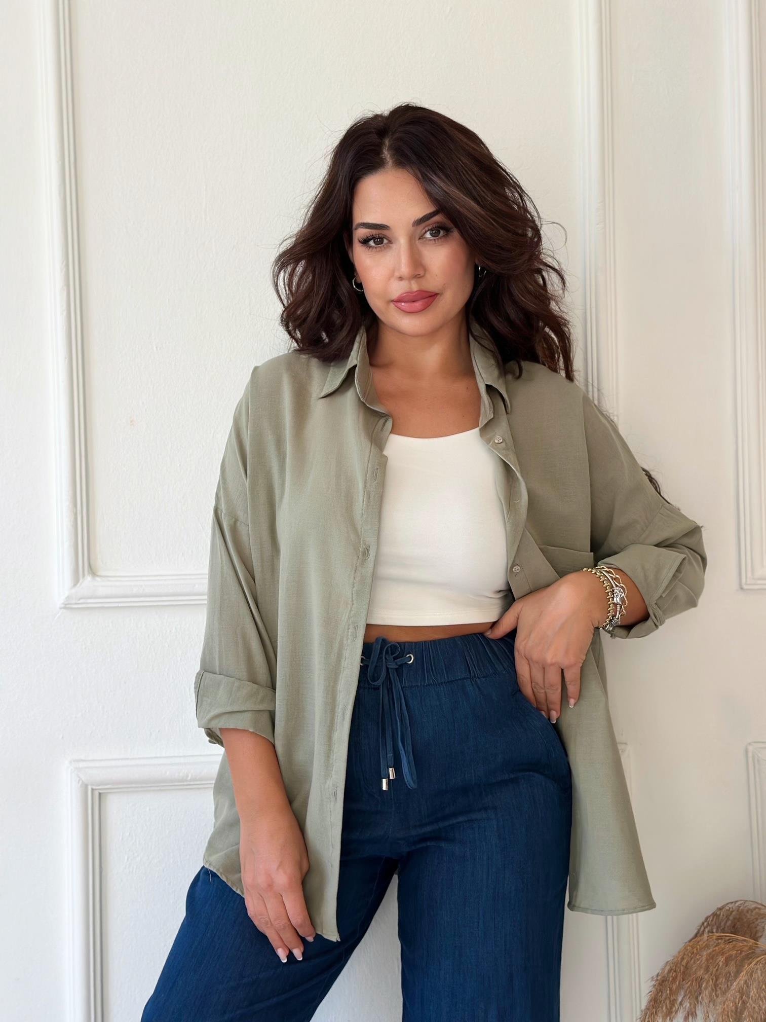 Lüks Kalite Tek Cepli Haki Keten Gömlek | Nora Butik