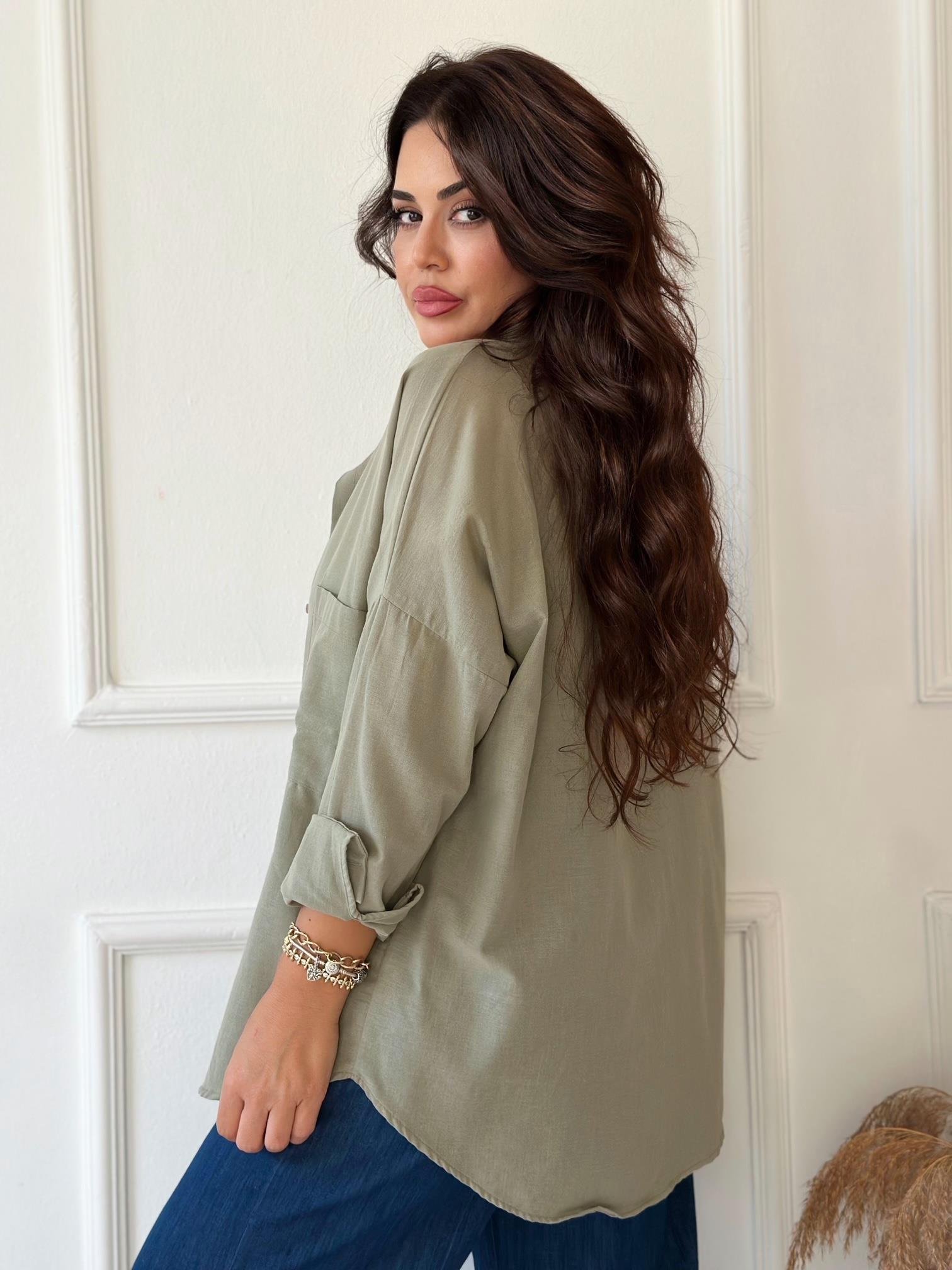 Lüks Kalite Tek Cepli Haki Keten Gömlek | Nora Butik