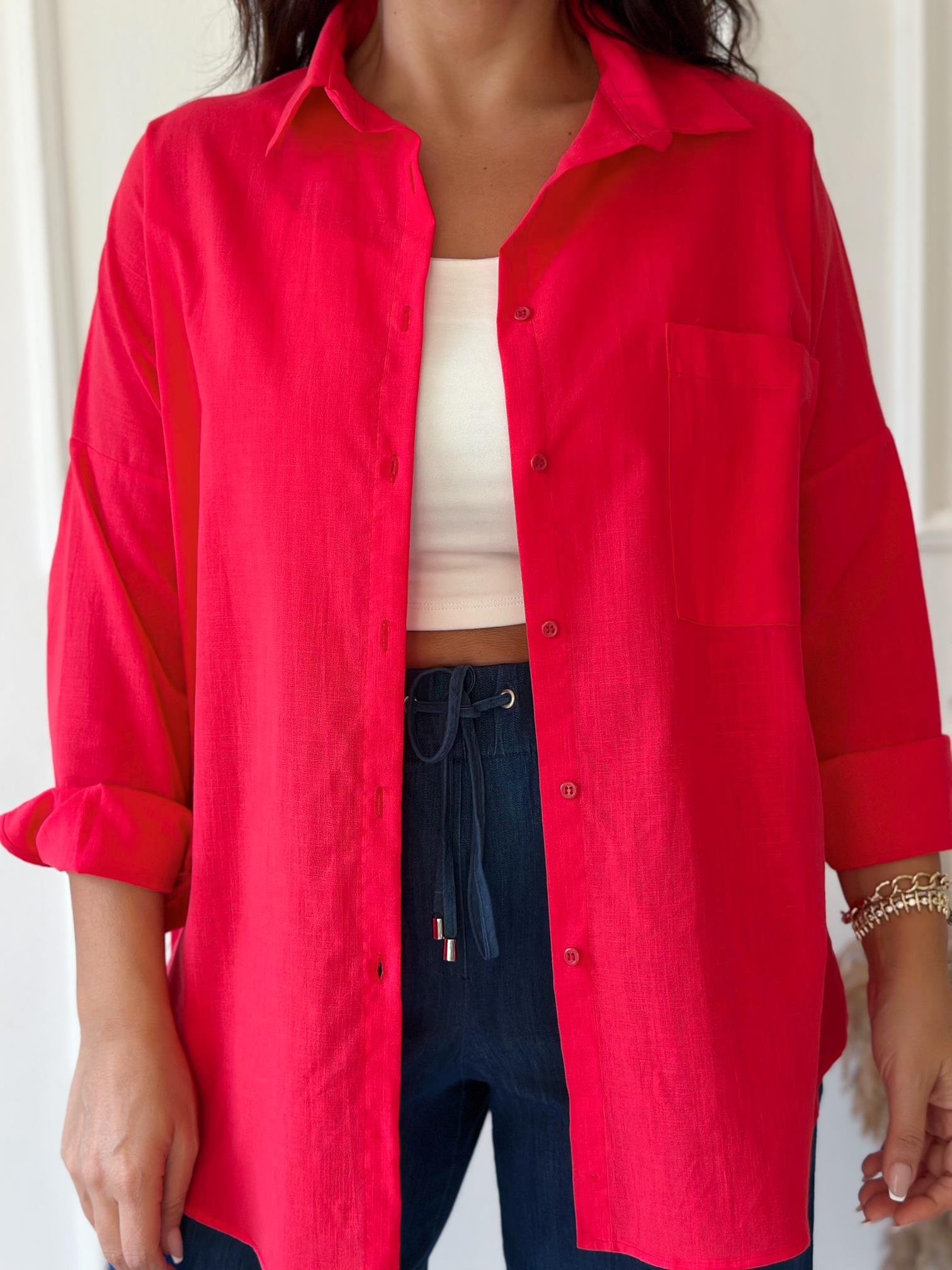 Lüks Kalite Tek Cepli Kırmızı Keten Gömlek | Nora Butik