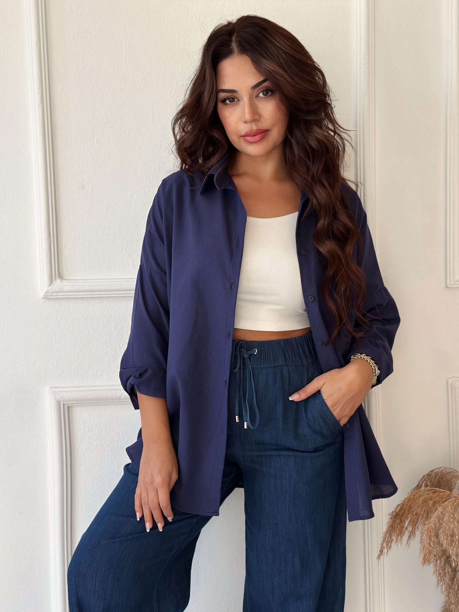 Lüks Kalite Tek Cepli Lacivert Keten Gömlek | Nora Butik