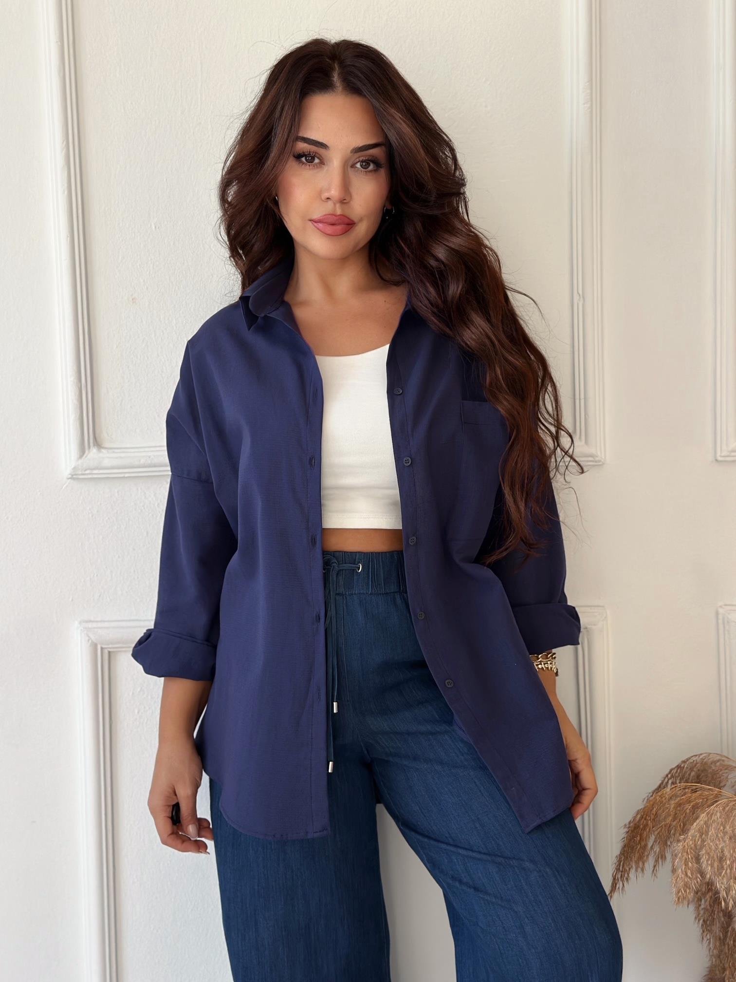 Lüks Kalite Tek Cepli Lacivert Keten Gömlek | Nora Butik