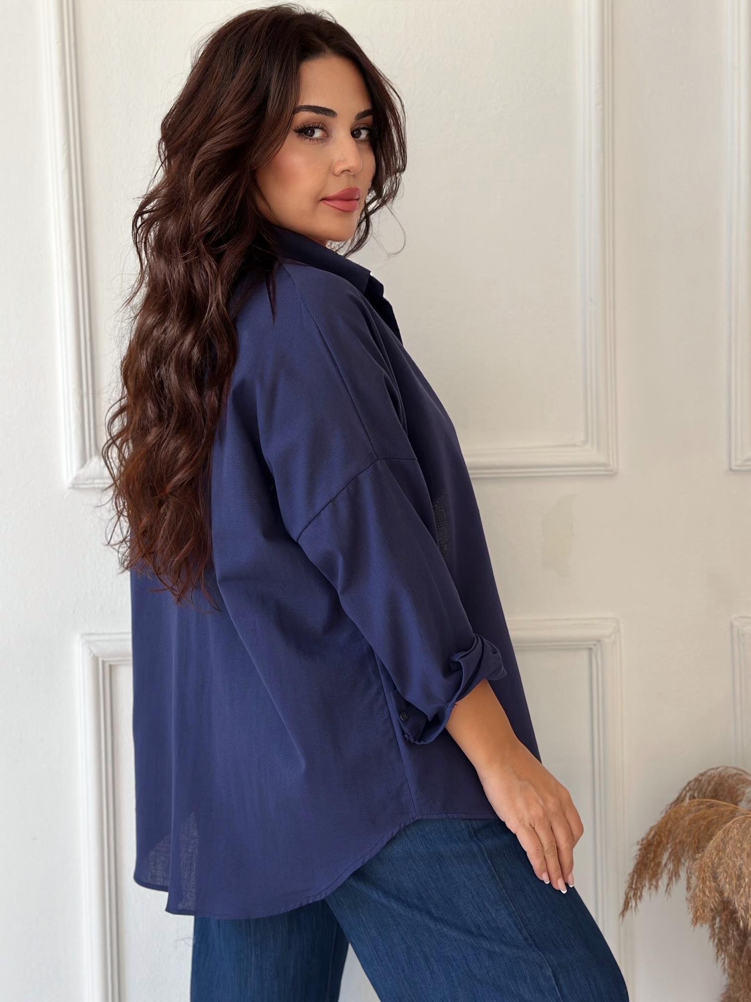 Lüks Kalite Tek Cepli Lacivert Keten Gömlek | Nora Butik