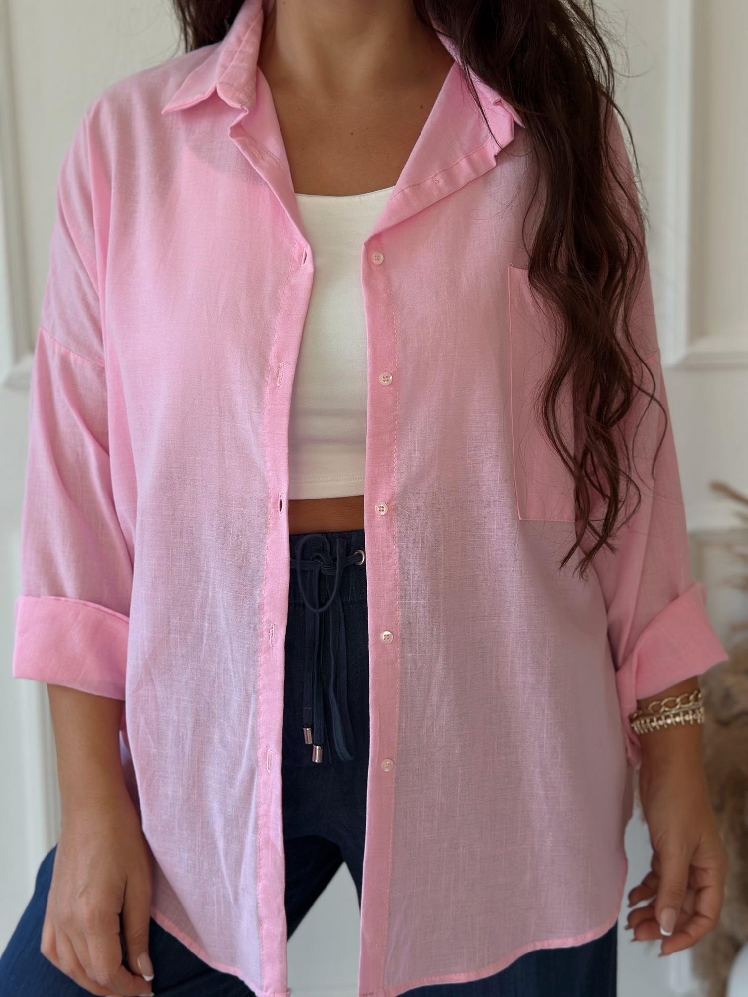 Lüks Kalite Tek Cepli Pembe Keten Gömlek | Nora Butik