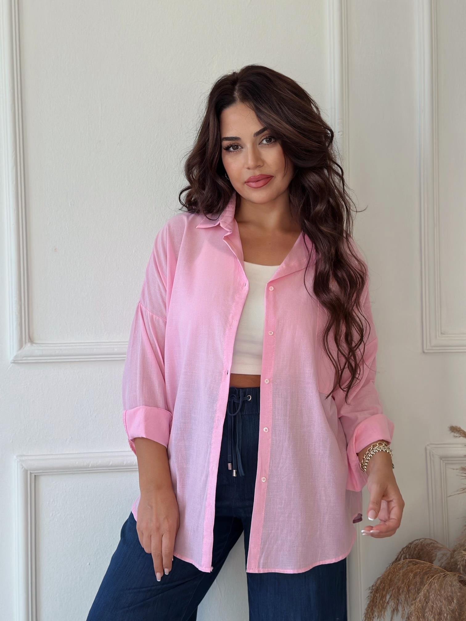 Lüks Kalite Tek Cepli Pembe Keten Gömlek | Nora Butik