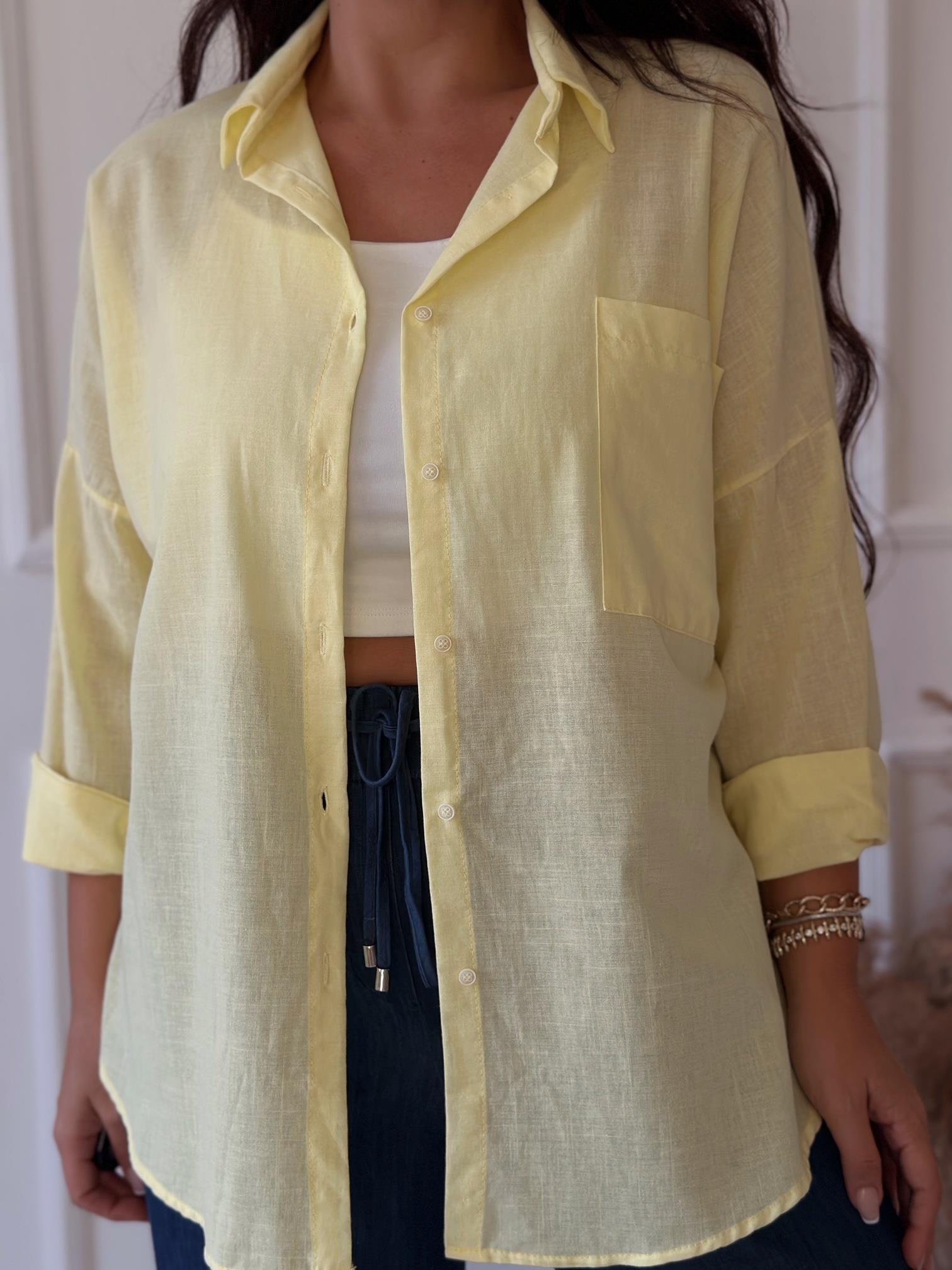 Lüks Kalite Tek Cepli Sarı Keten Gömlek | Nora Butik