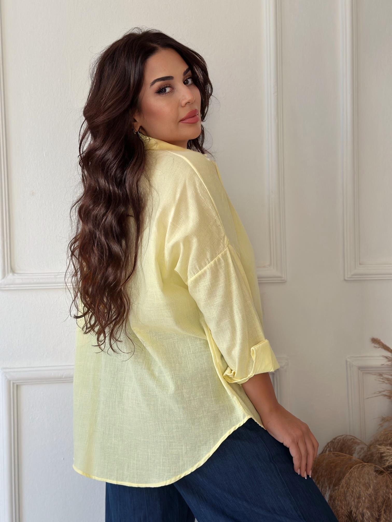 Lüks Kalite Tek Cepli Sarı Keten Gömlek | Nora Butik