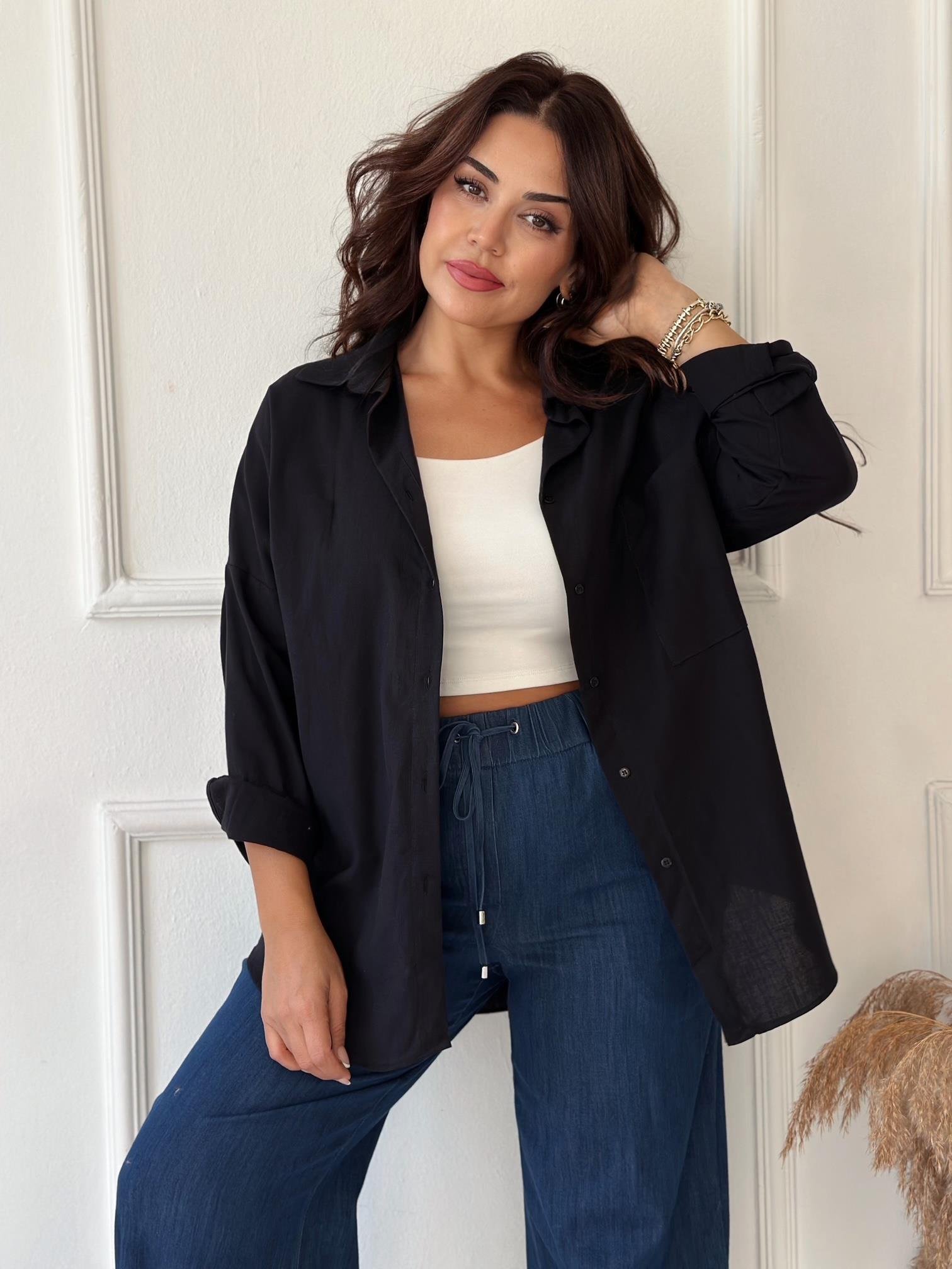 Lüks Kalite Tek Cepli Siyah Keten Gömlek | Nora Butik