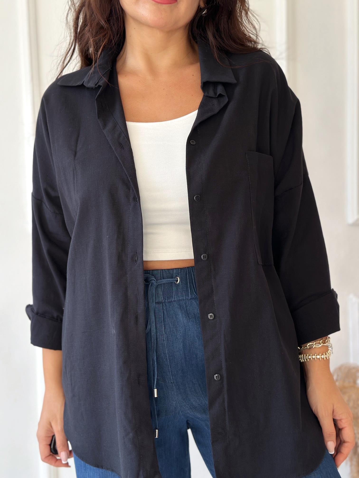 Lüks Kalite Tek Cepli Siyah Keten Gömlek | Nora Butik