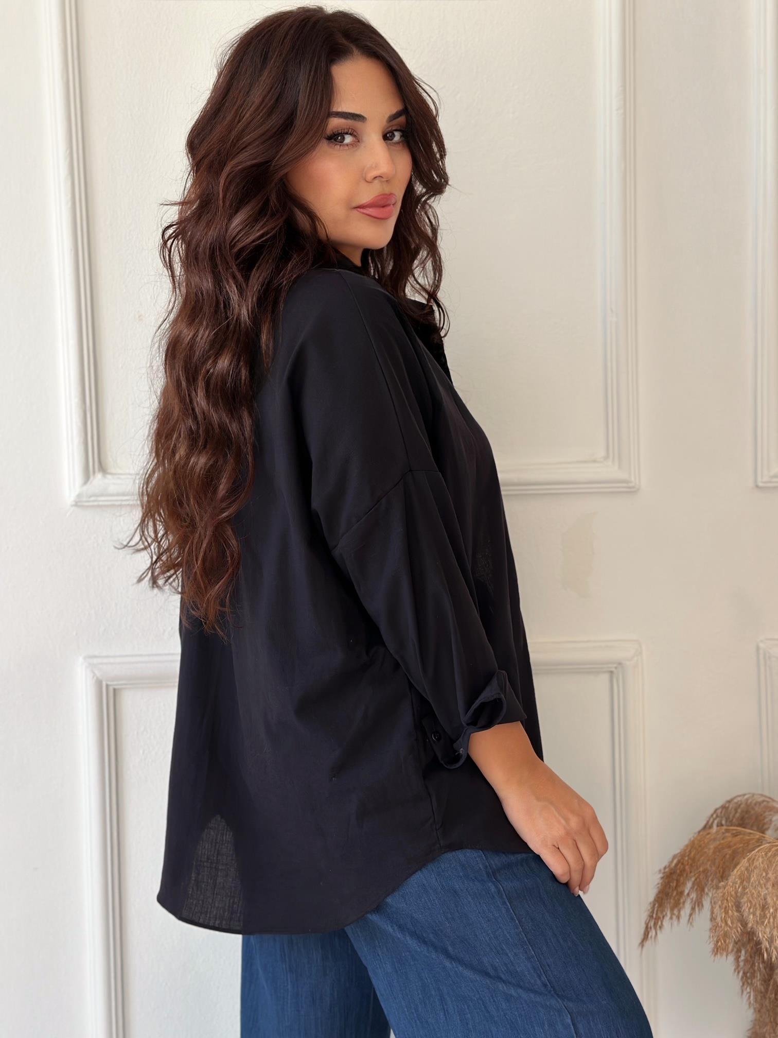 Lüks Kalite Tek Cepli Siyah Keten Gömlek | Nora Butik