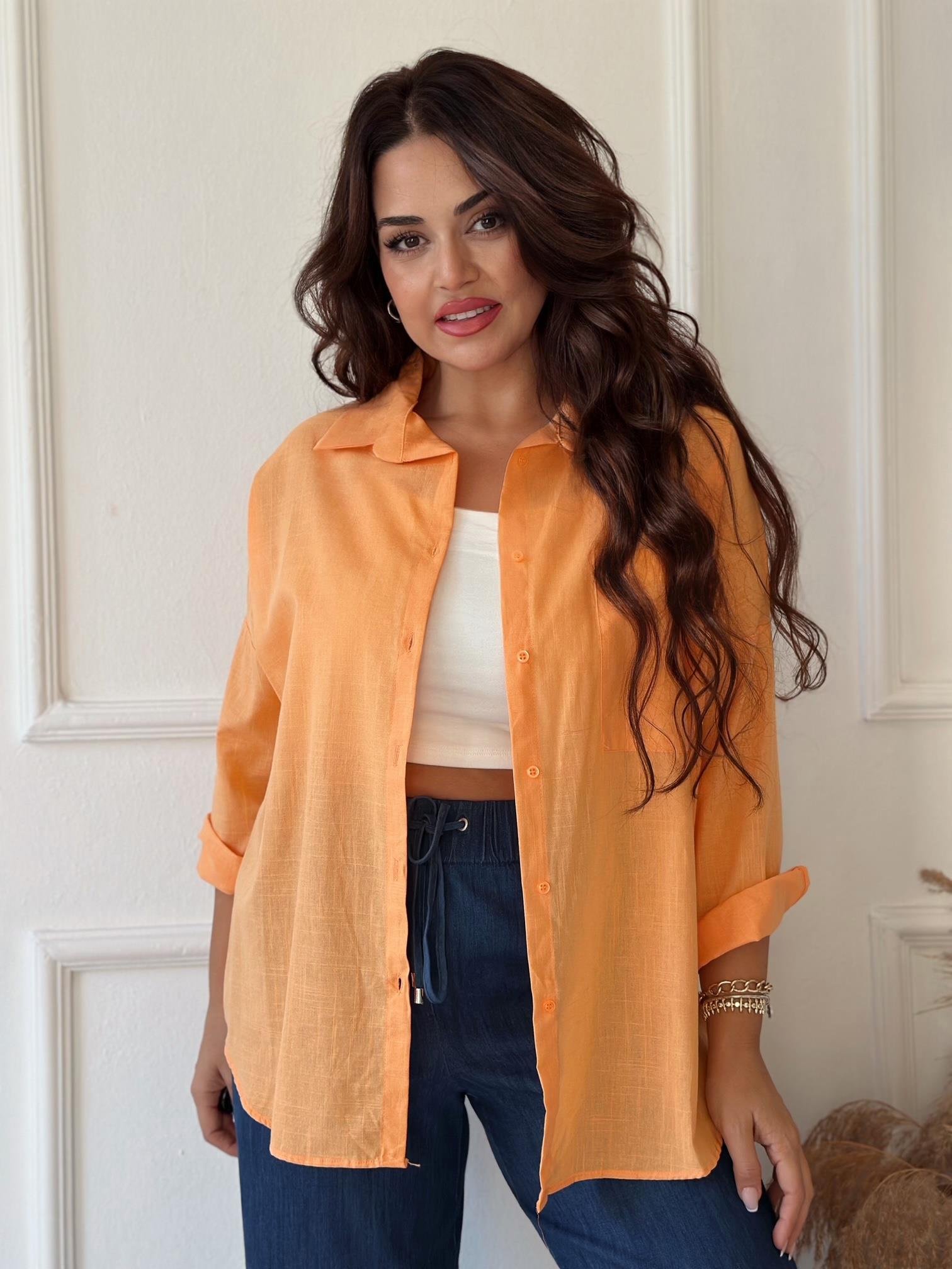 Lüks Kalite Tek Cepli Turuncu Keten Gömlek | Nora Butik