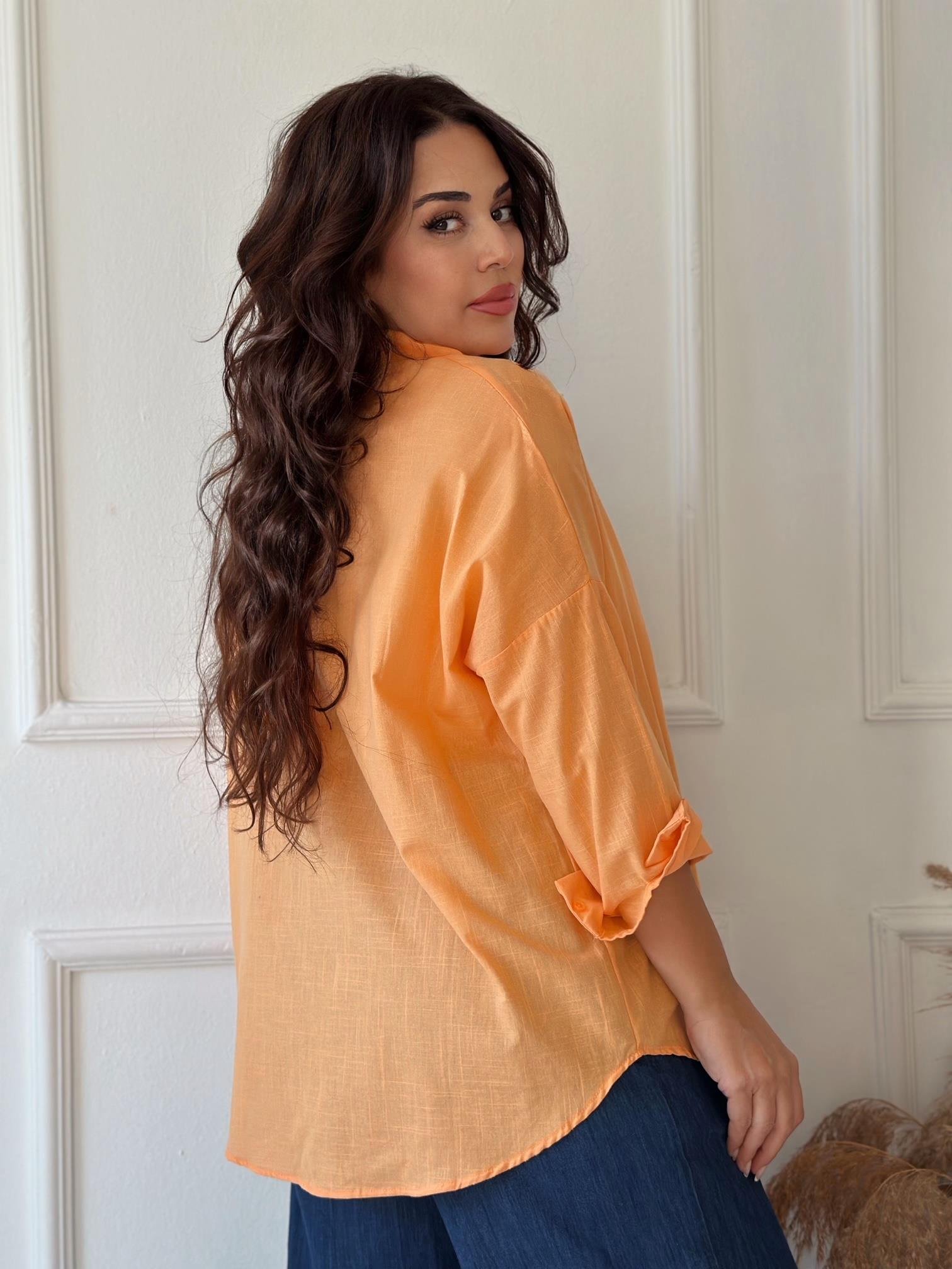 Lüks Kalite Tek Cepli Turuncu Keten Gömlek | Nora Butik