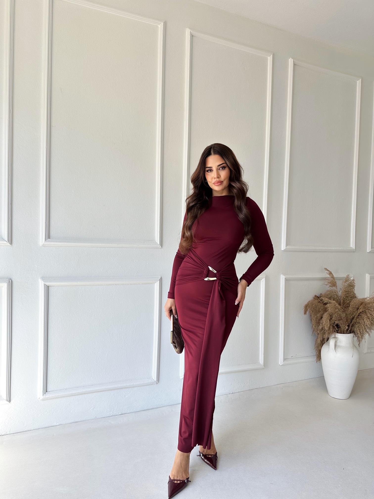 Lüks Kalite Toka Detaylı Bordo Maksi Elbise