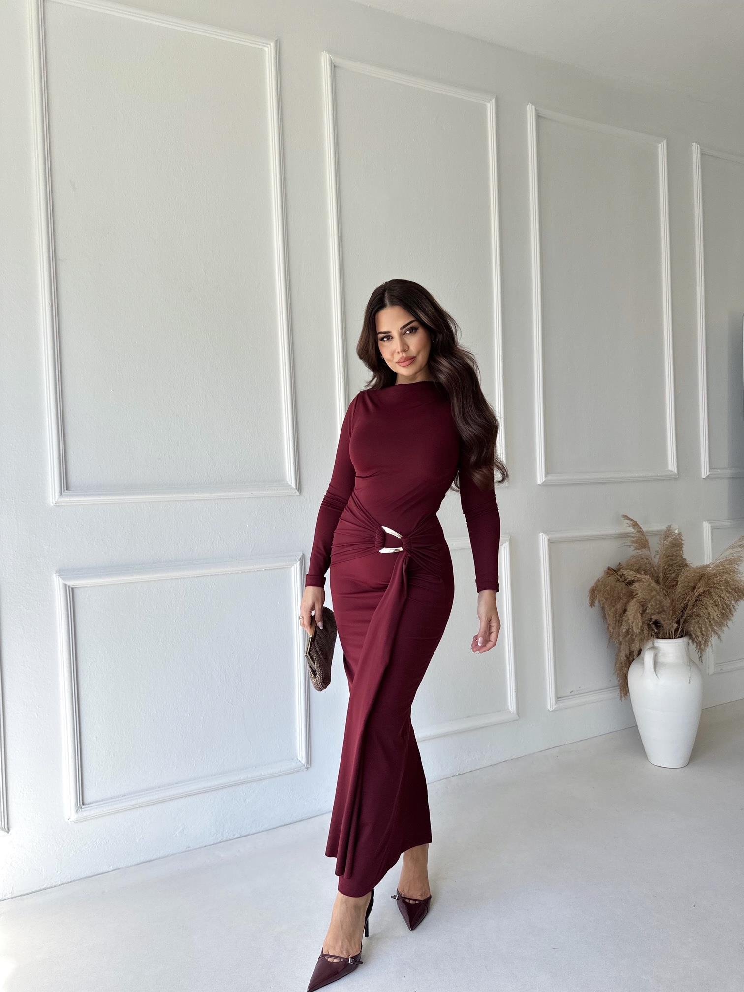 Lüks Kalite Toka Detaylı Bordo Maksi Elbise