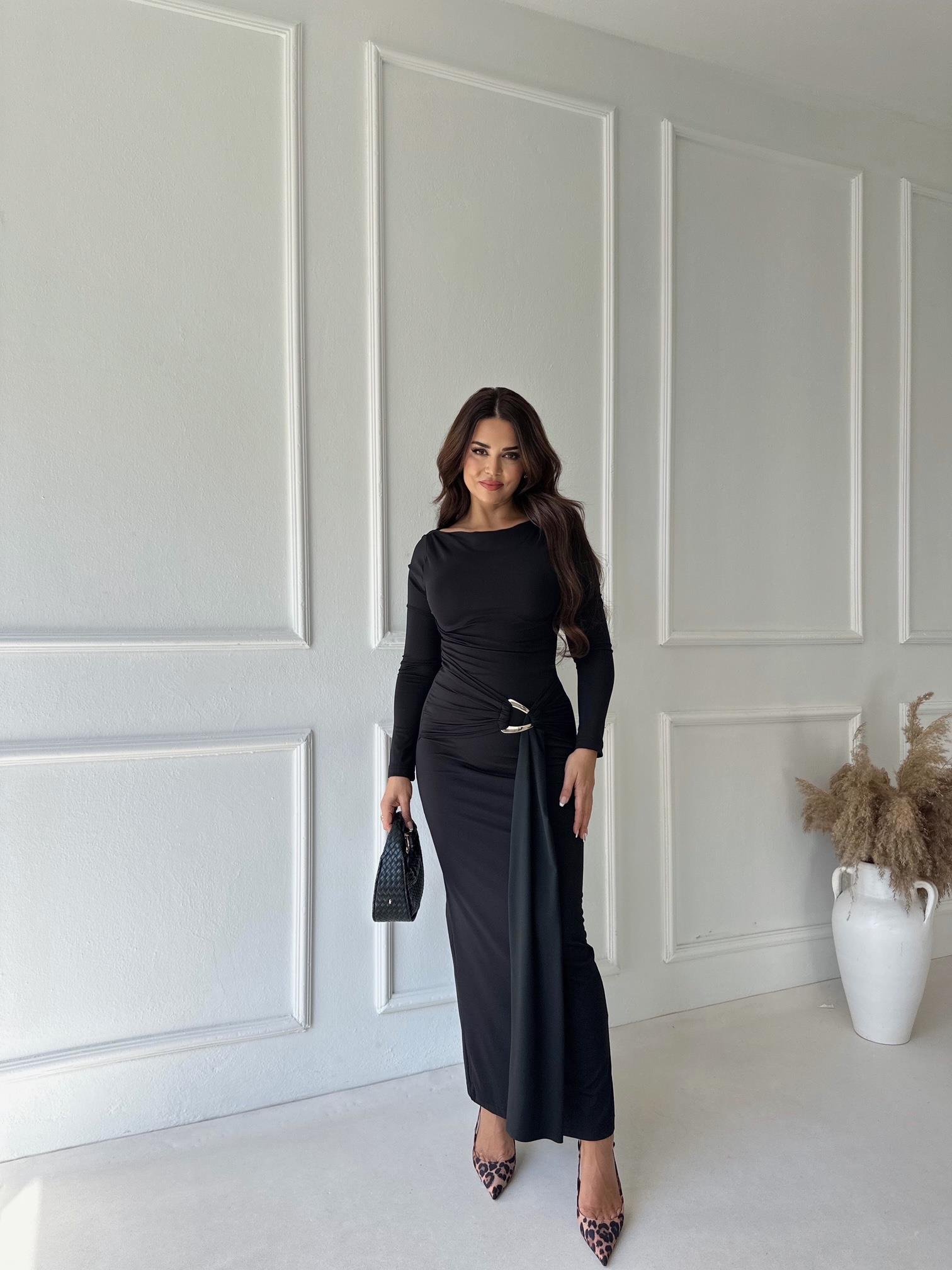 Lüks Kalite Toka Detaylı Siyah Maksi Elbise