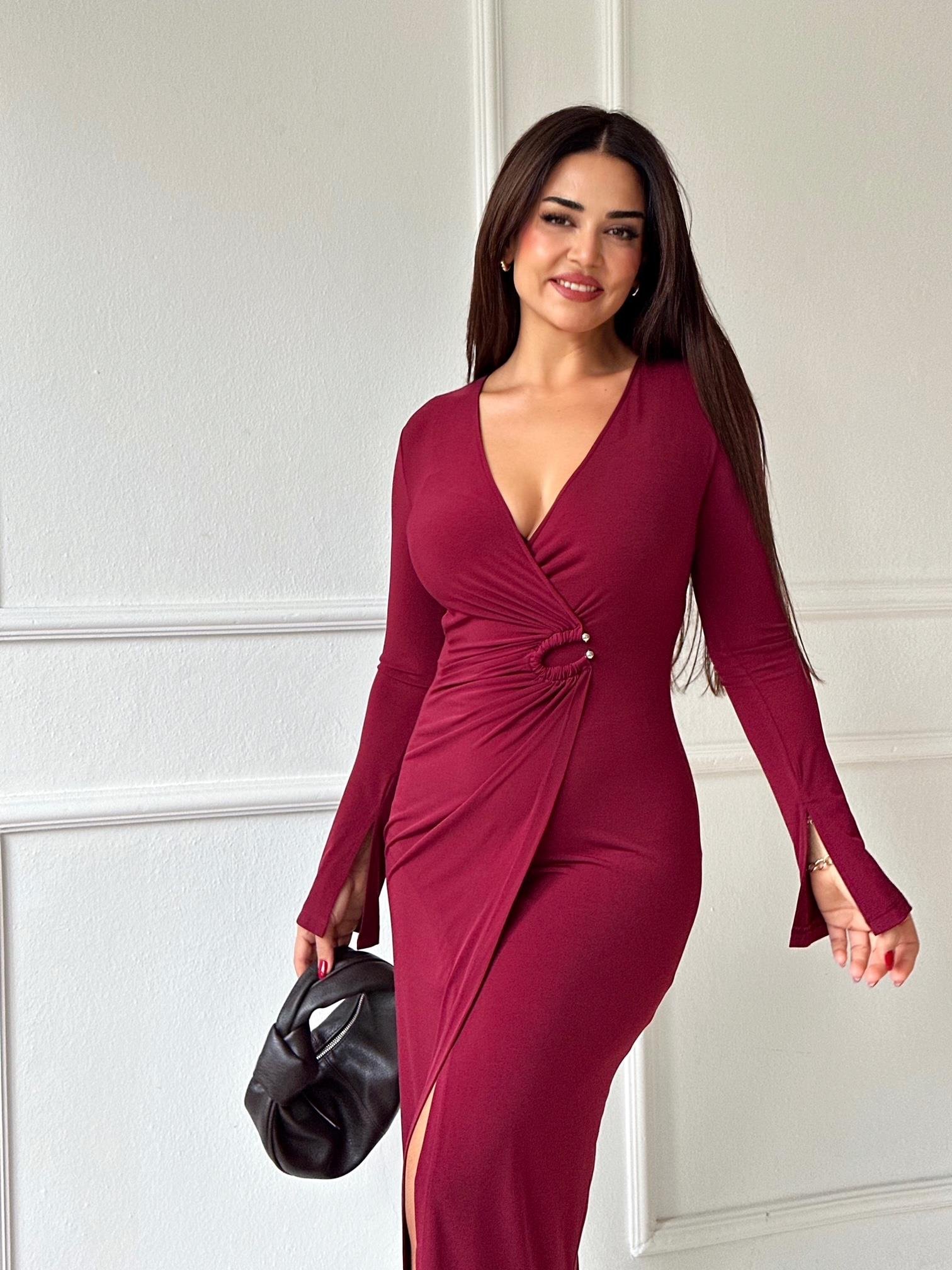 Lüks Kalite Tokalı Bordo Kruvaze Midi Elbise