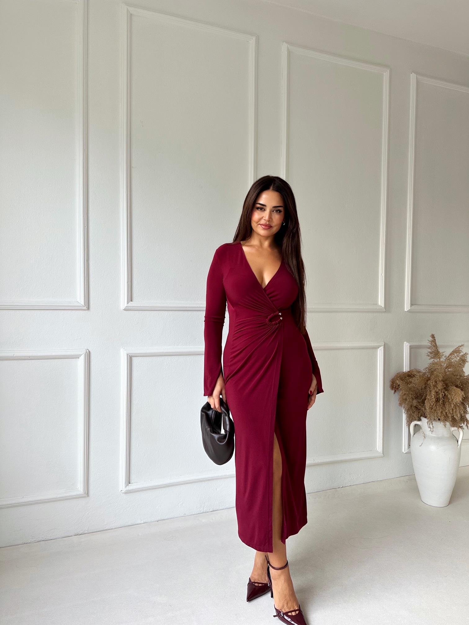 Lüks Kalite Tokalı Bordo Kruvaze Midi Elbise