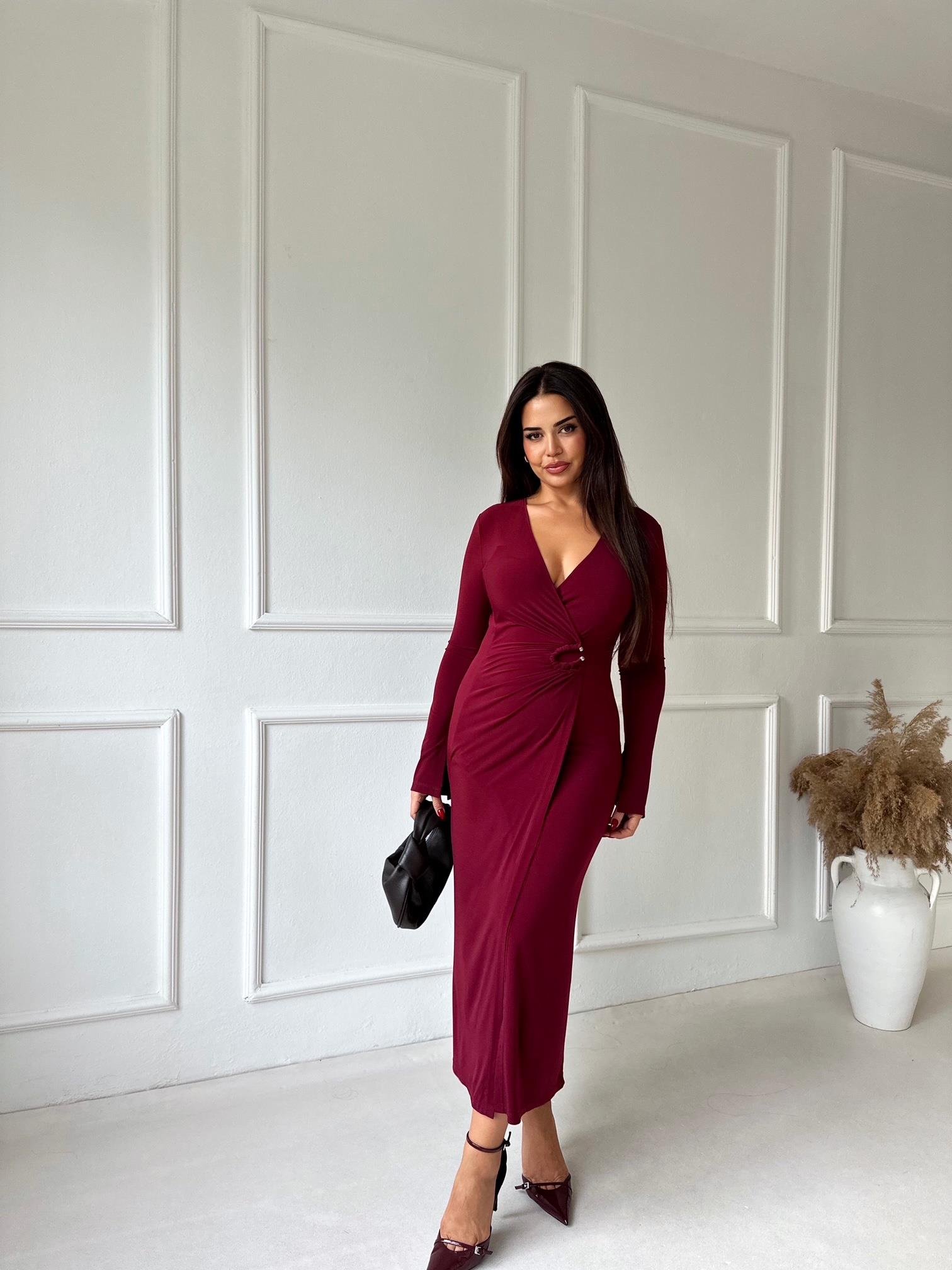 Lüks Kalite Tokalı Bordo Kruvaze Midi Elbise